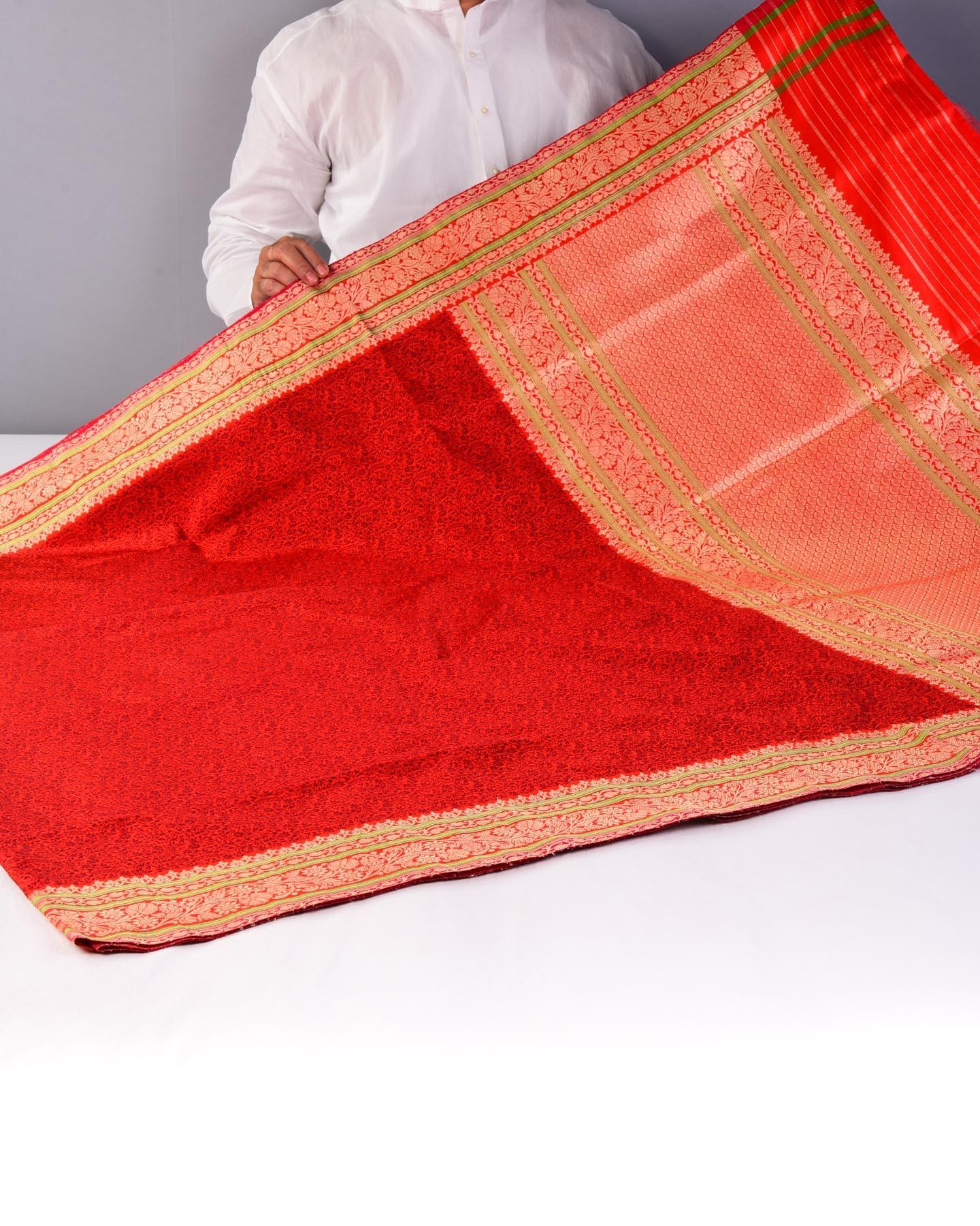 Maroon On Red Banarasi Tanchoi Brocade Handwoven Katan Silk Saree - By HolyWeaves, Benares