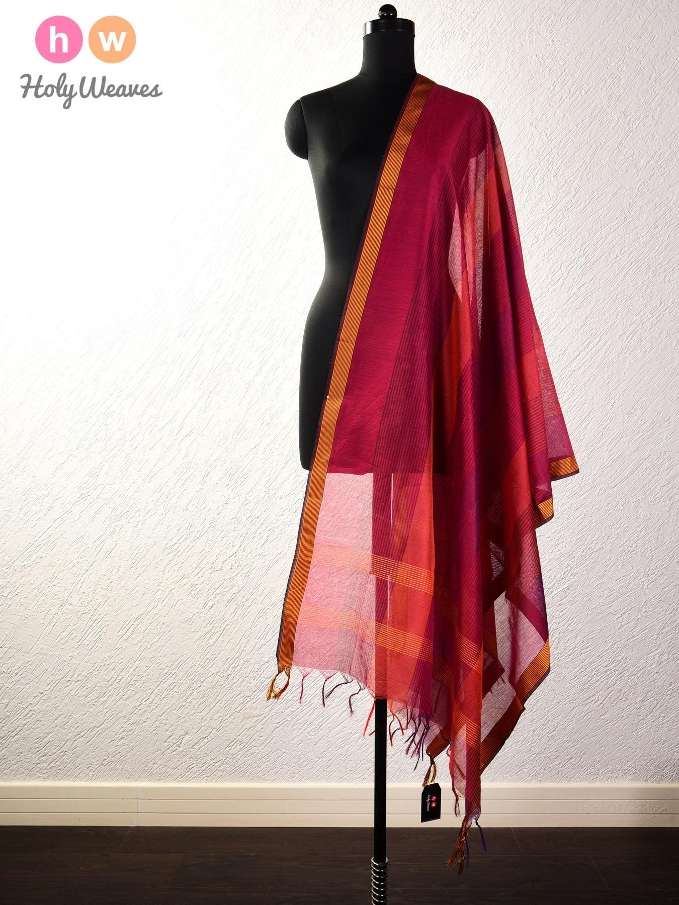 Maroon Stripes Woven Cotton Silk Dupatta - By HolyWeaves, Benares