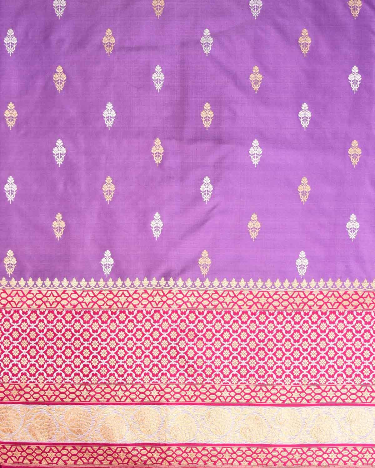 Mauve Banarasi Gold & Silver Zari Buti Kadhuan Brocade Handwoven Katan Silk Saree with Contrast Pink Border Pallu - By HolyWeaves, Benares