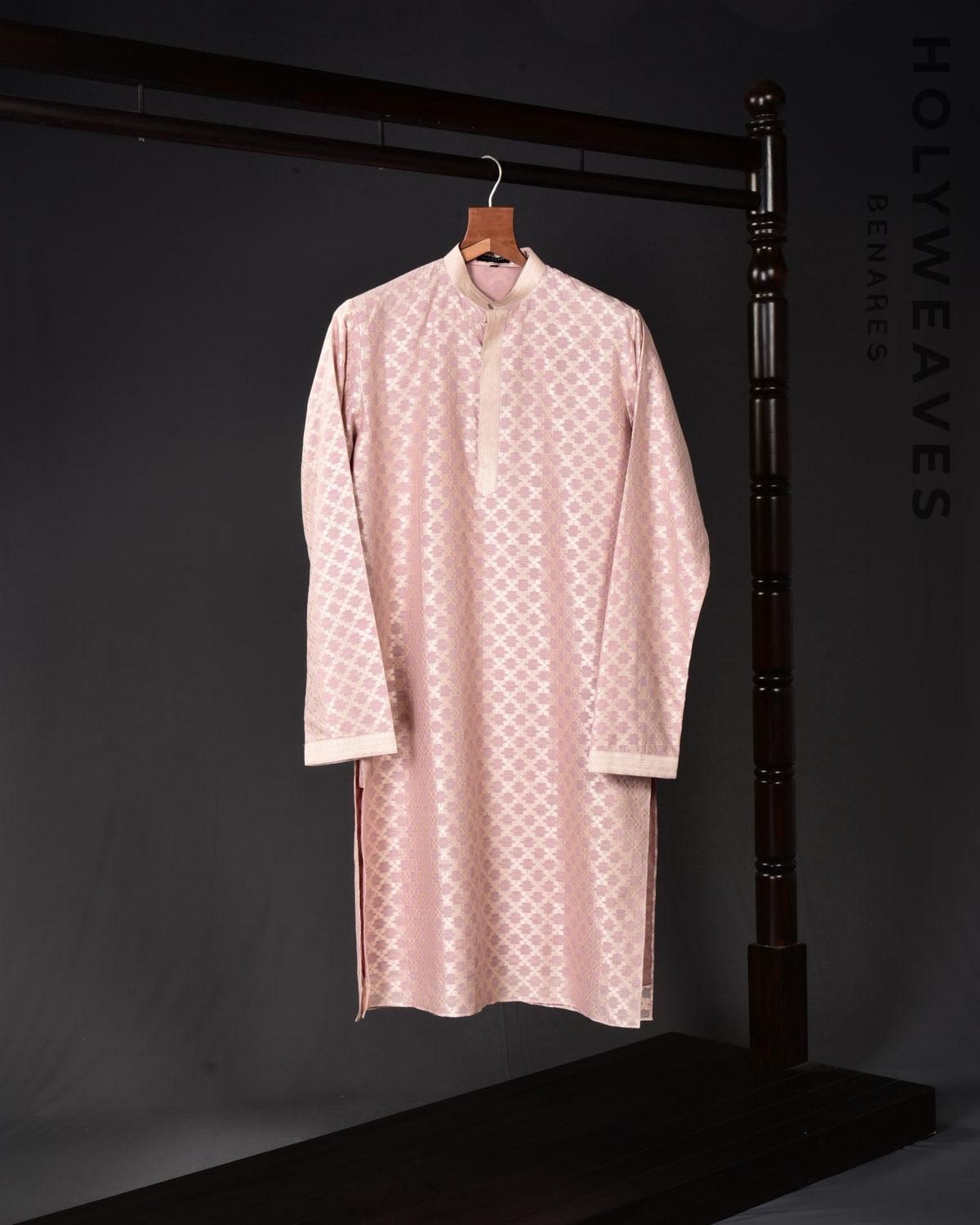 Mauve Banarasi Moroccon Grids Zari Brocade Handwoven Cotton Silk Mens Kurta Pyjama - By HolyWeaves, Benares
