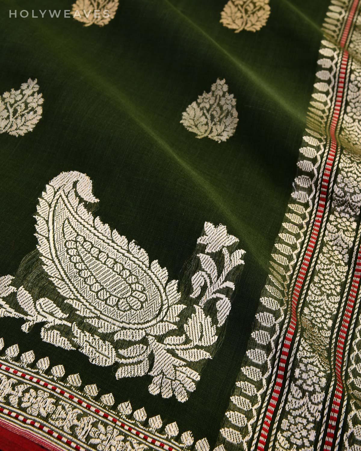 Mehndi Green Banarasi Handwoven Ektara Buti Kadhuan Brocade Handloom Cotton Saree - By HolyWeaves, Benares