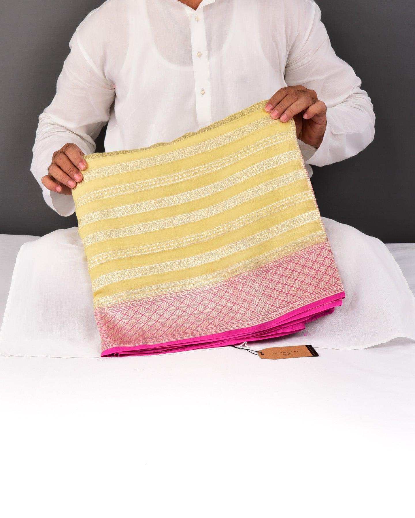 Mellow Yellow Banarasi Gold Zari Stripes Cutwork Brocade Handwoven Khaddi Georgette Saree - By HolyWeaves, Benares