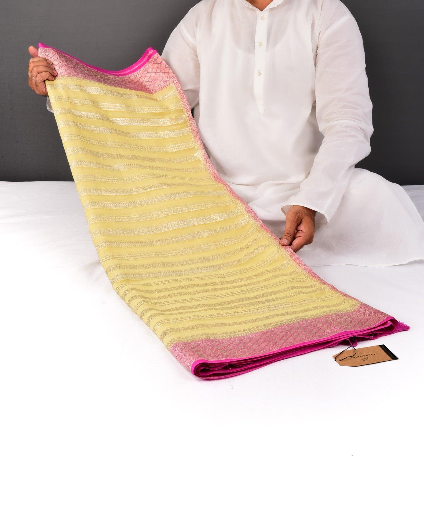 Mellow Yellow Banarasi Gold Zari Stripes Cutwork Brocade Handwoven Khaddi Georgette Saree - By HolyWeaves, Benares