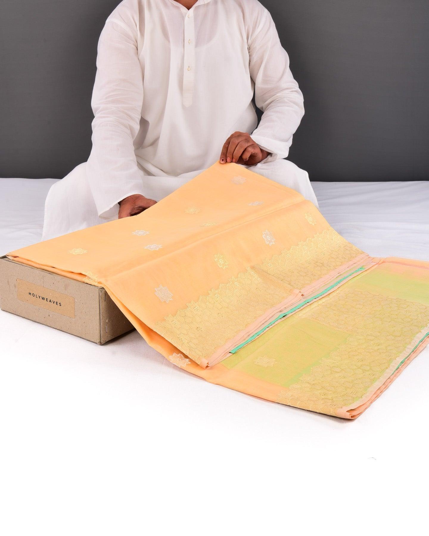Mellow Yellow Banarasi Star Buti Sona Rupa Kadhuan Brocade Handwoven Kora Silk Saree with Green Silk Blouse - By HolyWeaves, Benares