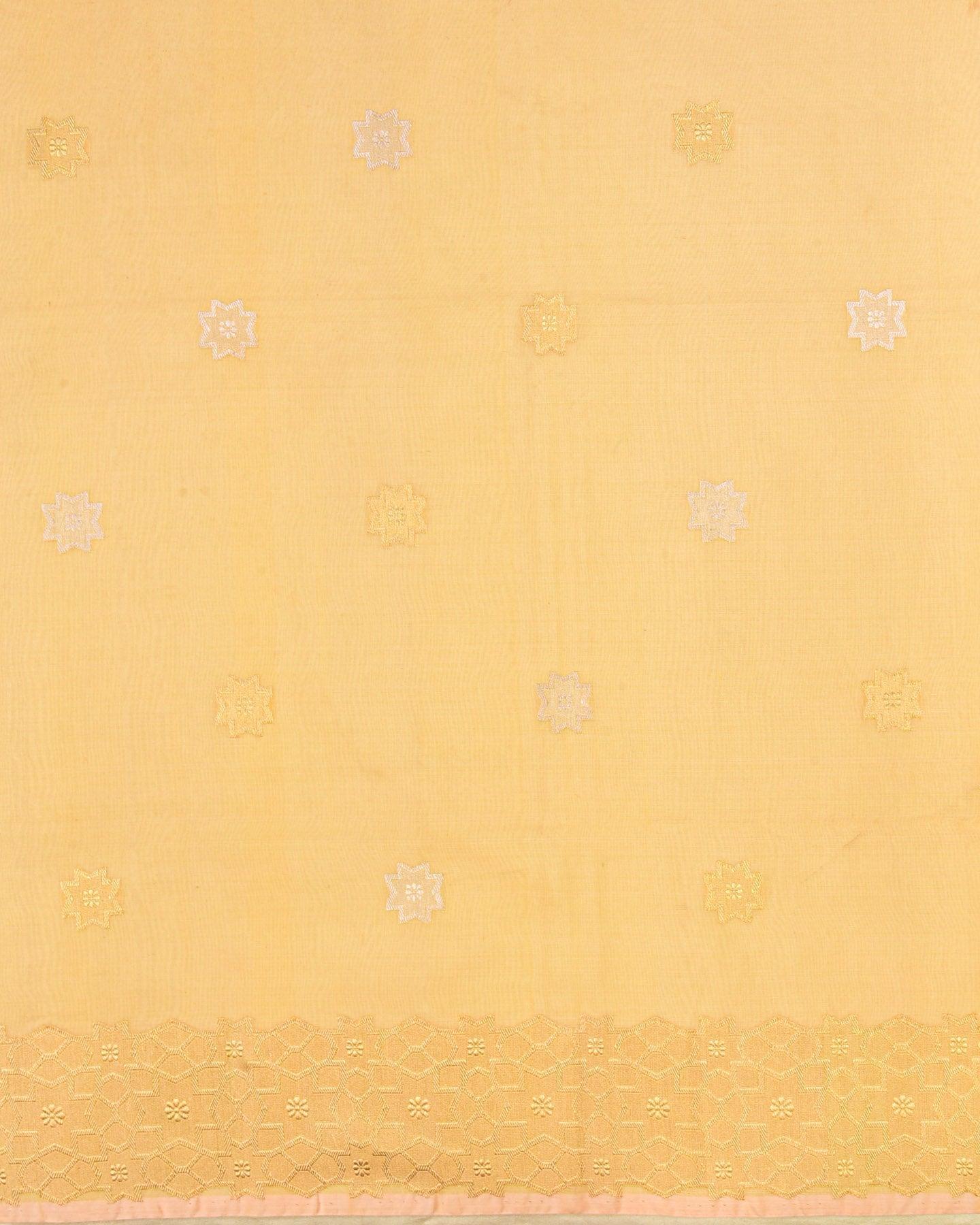 Mellow Yellow Banarasi Star Buti Sona Rupa Kadhuan Brocade Handwoven Kora Silk Saree with Green Silk Blouse - By HolyWeaves, Benares