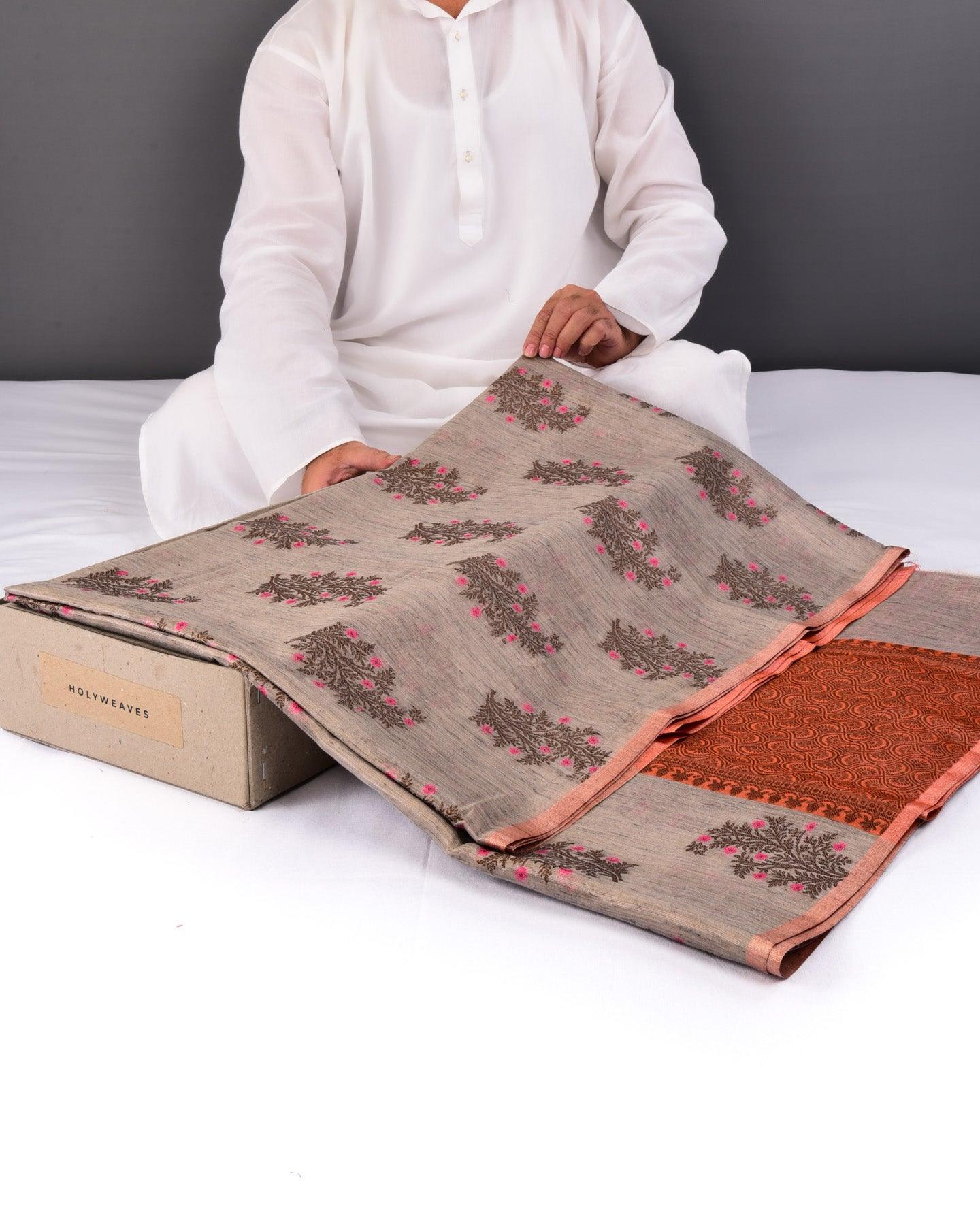 Metallic Beige Banarasi Antique Zari & Resham Meena Buta Cutwork Brocade Woven Cotton Tissue Saree - By HolyWeaves, Benares