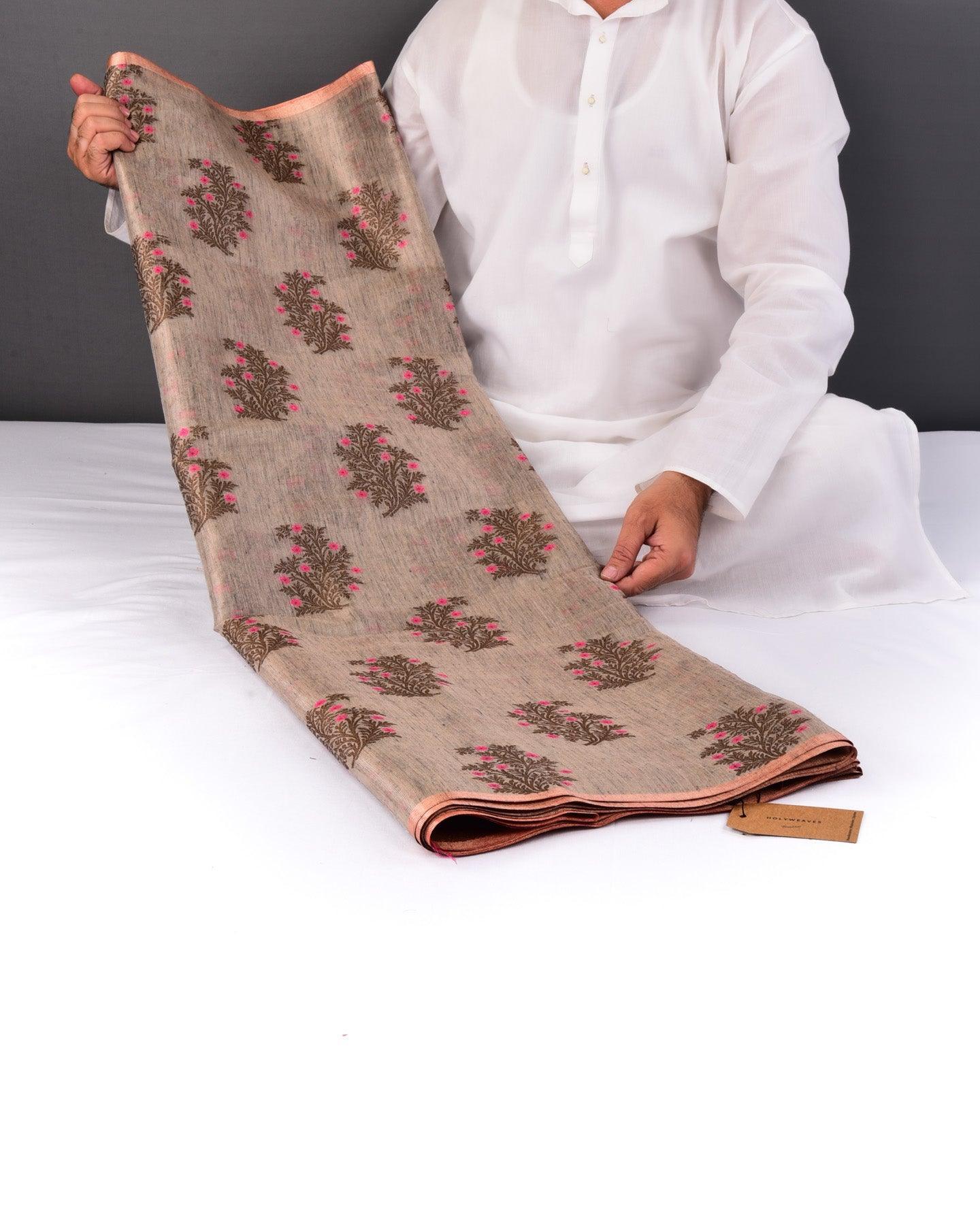 Metallic Beige Banarasi Antique Zari & Resham Meena Buta Cutwork Brocade Woven Cotton Tissue Saree - By HolyWeaves, Benares