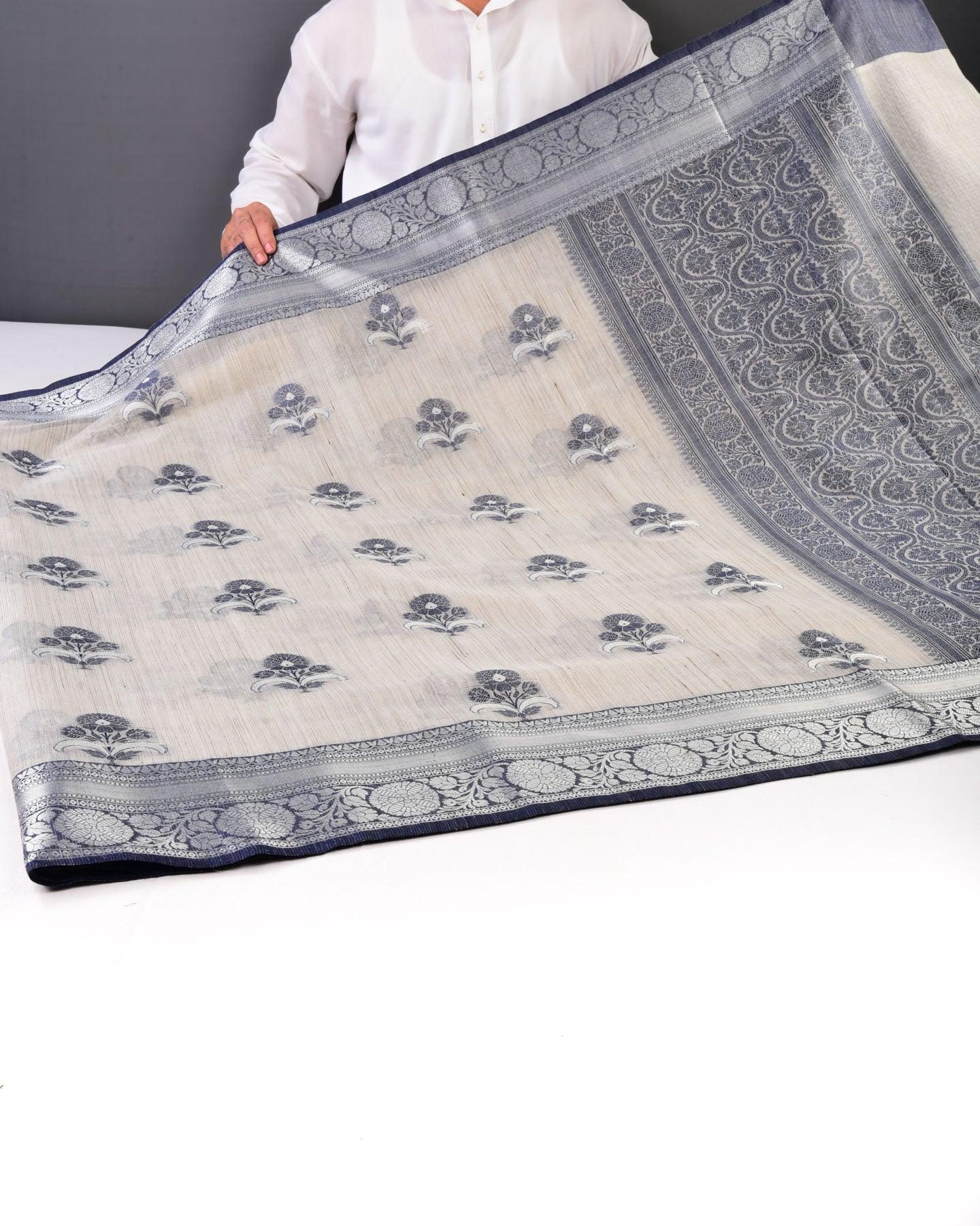Metallic Beige Banarasi Blue and Silver Zari Weave Cutwork Brocade Woven Cotton Tissue Saree - By HolyWeaves, Benares