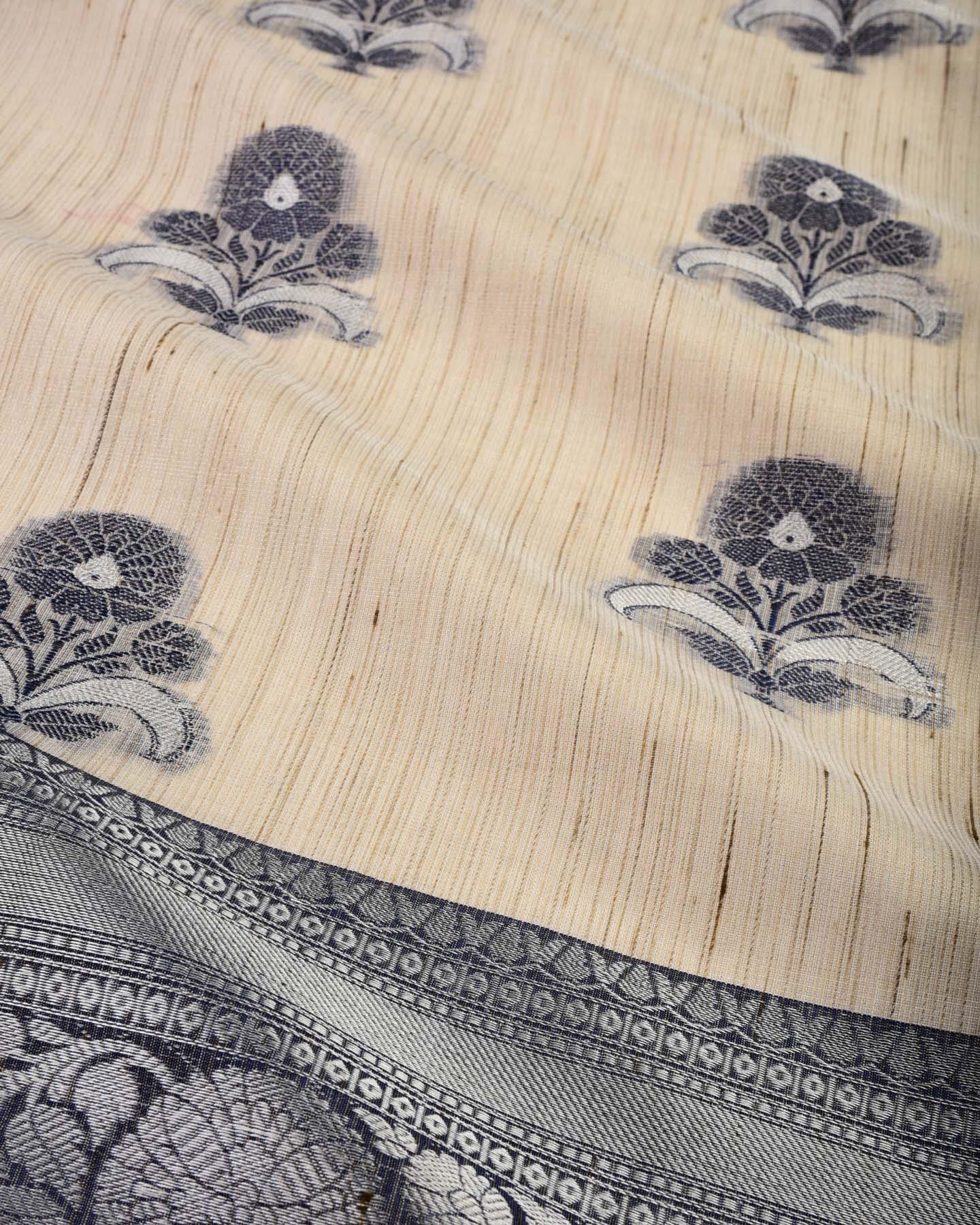 Metallic Beige Banarasi Blue and Silver Zari Weave Cutwork Brocade Woven Cotton Tissue Saree - By HolyWeaves, Benares