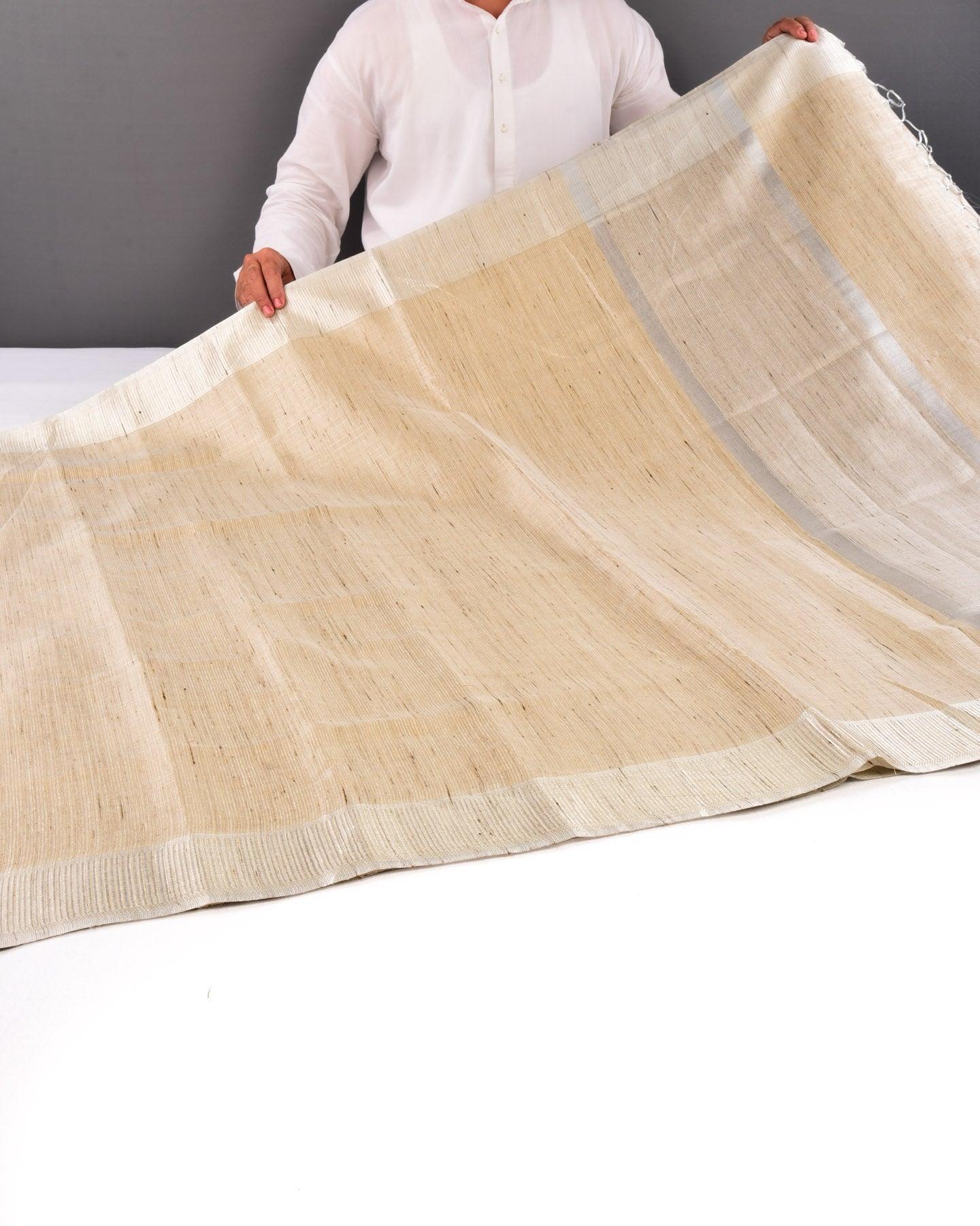 Metallic Beige Banarasi Contemporary Brocade Woven Blended Cotton Tissue Saree with Striped Zari Border - By HolyWeaves, Benares