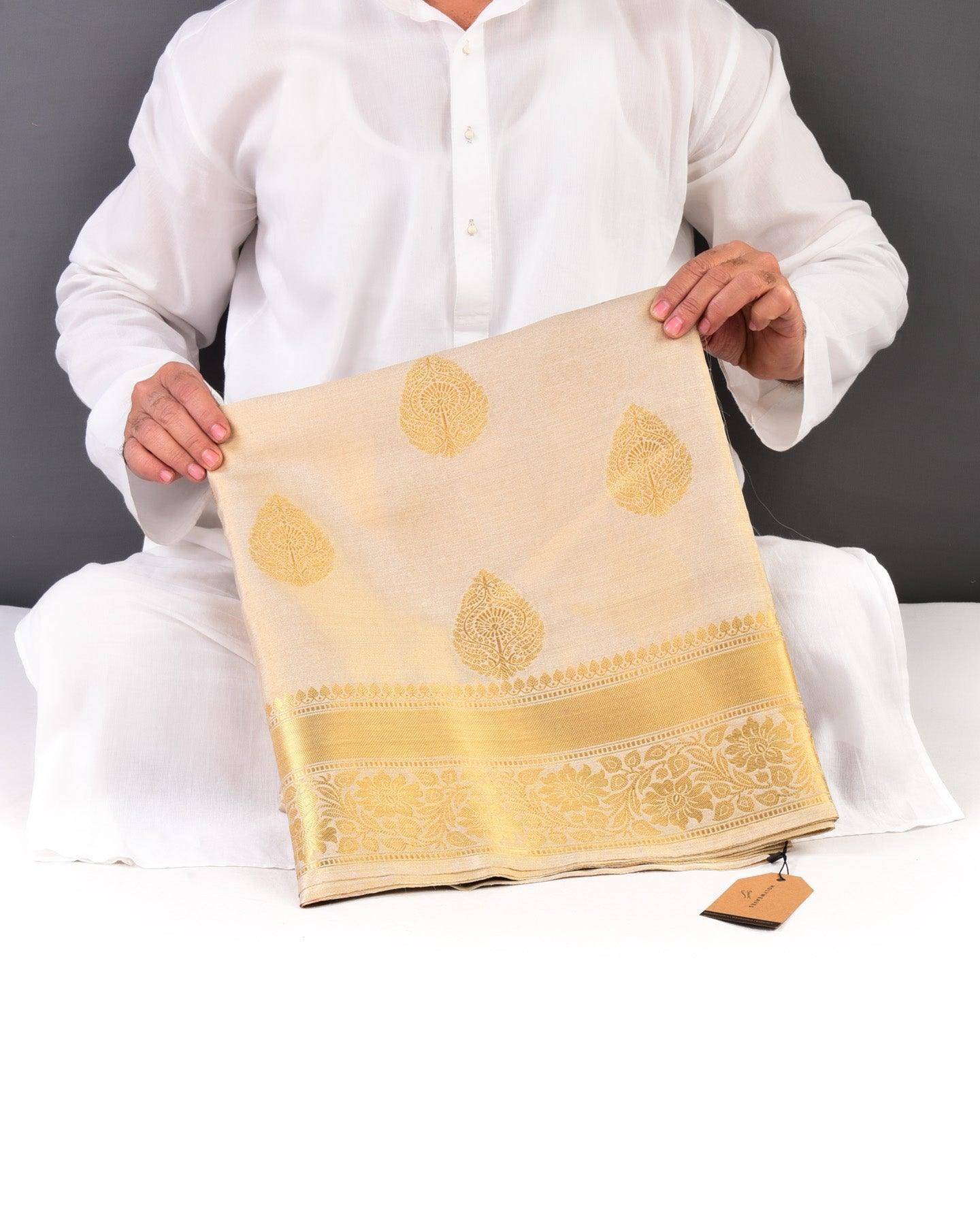 Metallic Beige Banarasi Gold Classic Buta Cutwork Brocade Woven Cotton Tissue Saree - By HolyWeaves, Benares