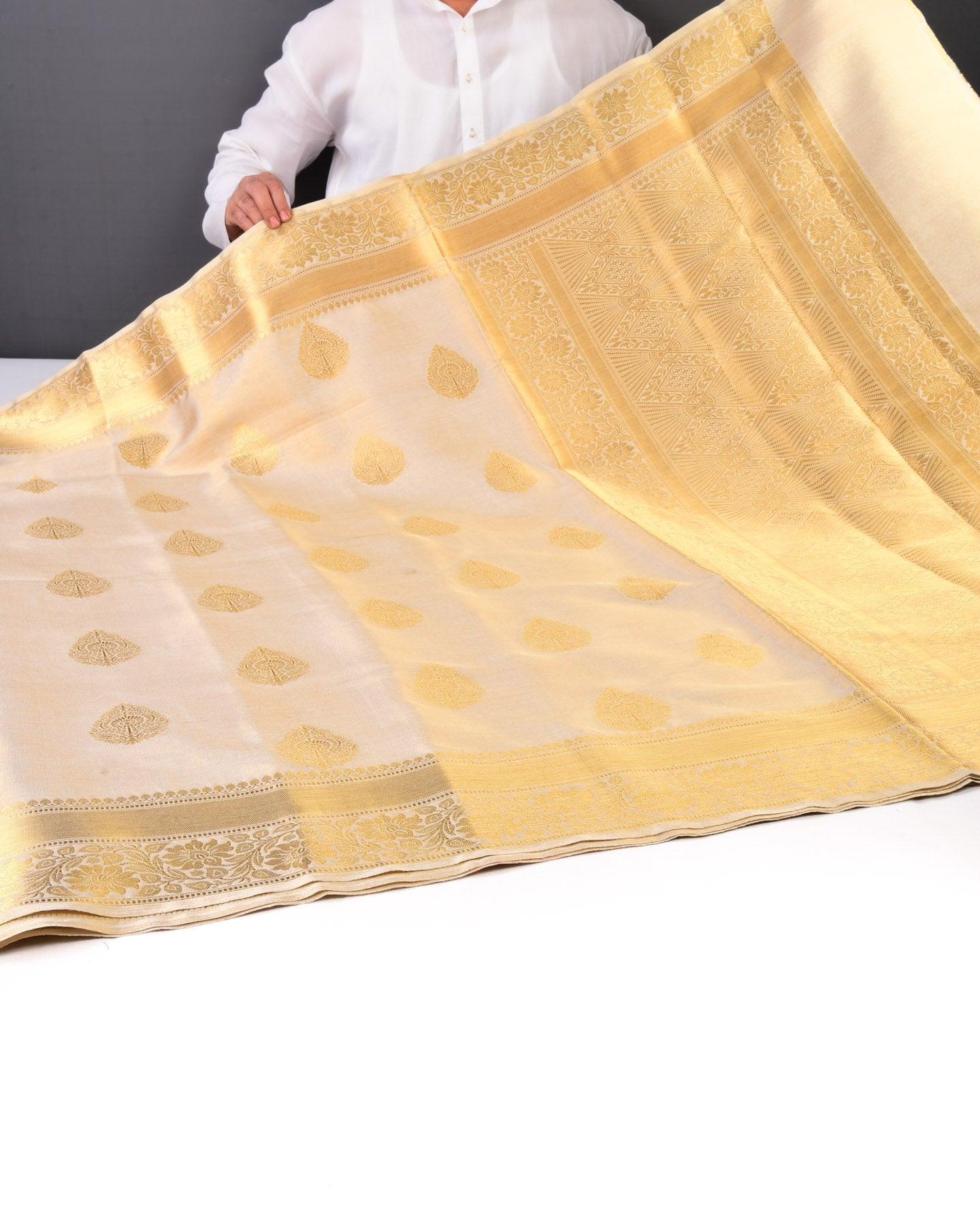 Metallic Beige Banarasi Gold Classic Buta Cutwork Brocade Woven Cotton Tissue Saree - By HolyWeaves, Benares