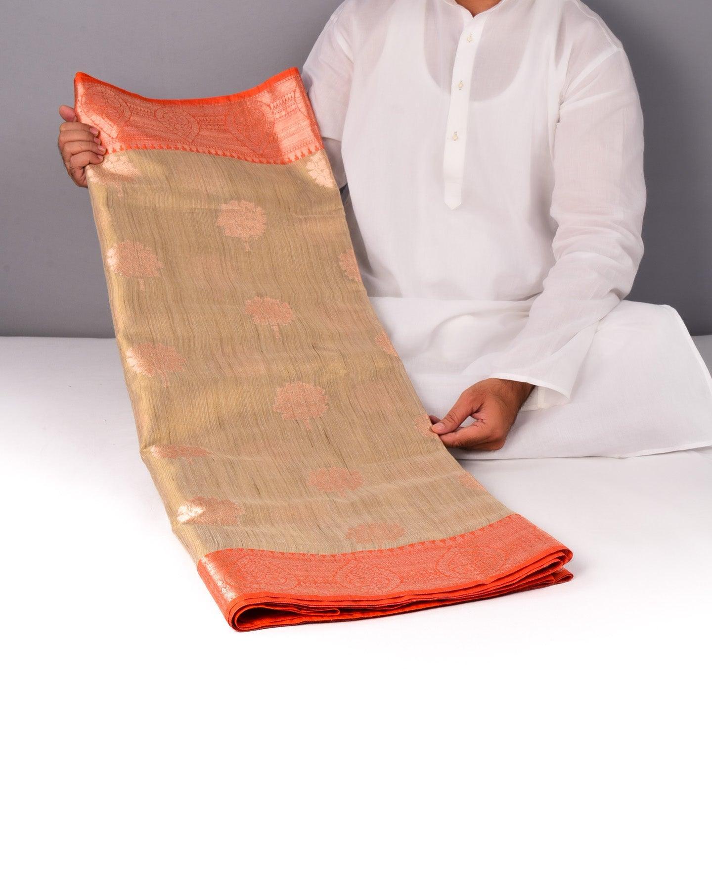 Metallic Beige Banarasi Khichha Cutwork Brocade Woven Cotton Tissue Saree with Contrast Orange Border - By HolyWeaves, Benares