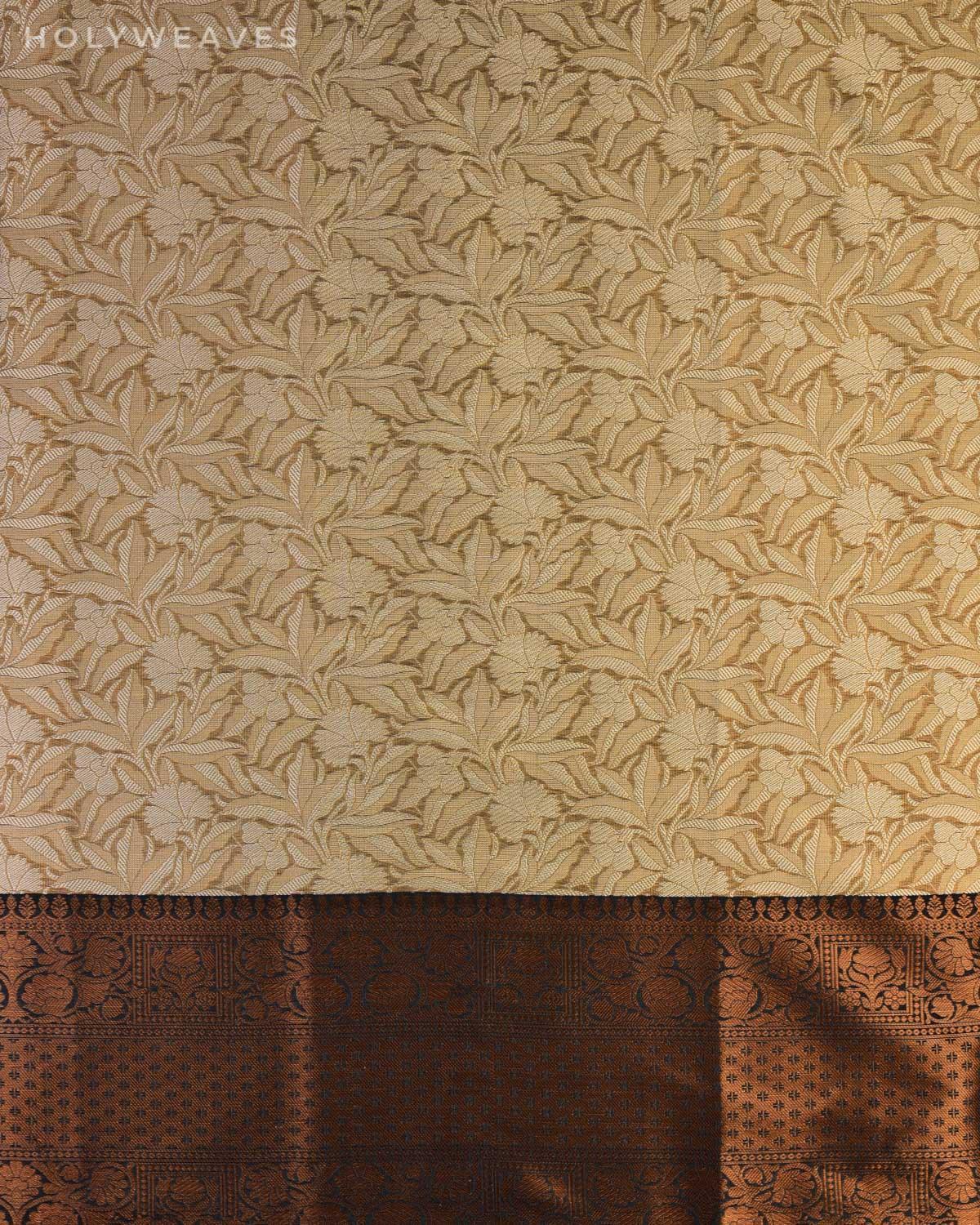 Metallic Beige Banarasi Tanchoi Brocade Woven Art Cotton Tissue Saree - By HolyWeaves, Benares
