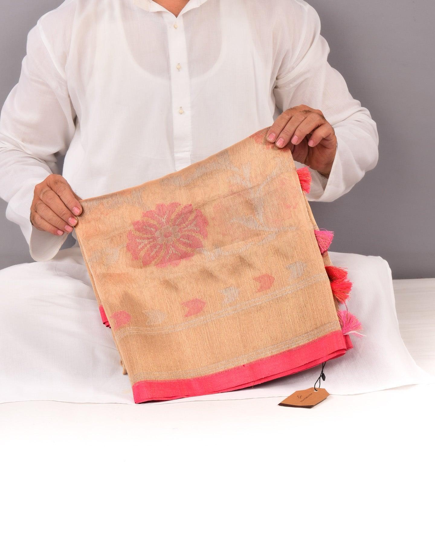 Metallic Beige Banarasi Veiled Meena Jaal Cutwork Brocade Handwoven Kora Silk Saree - By HolyWeaves, Benares