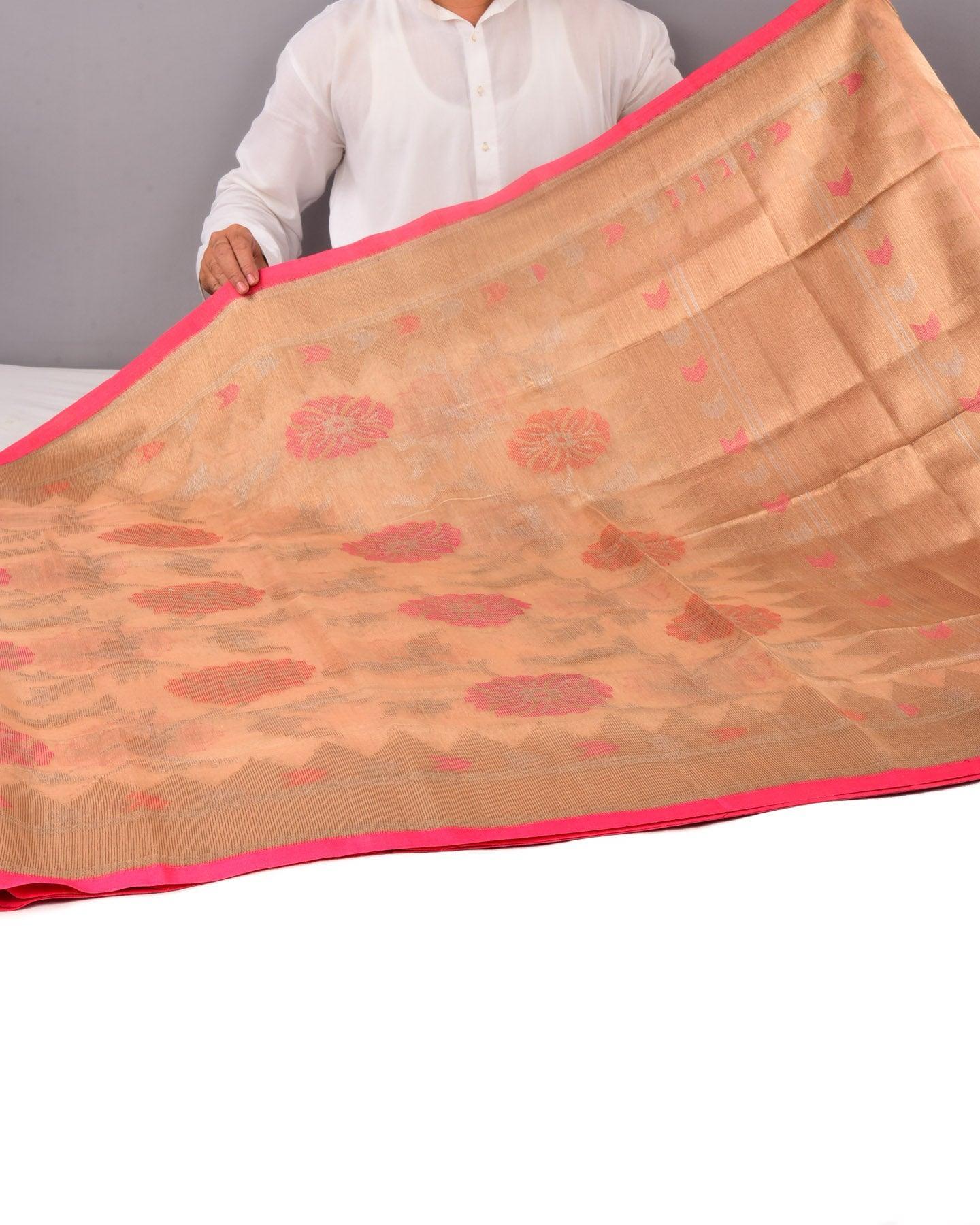 Metallic Beige Banarasi Veiled Meena Jaal Cutwork Brocade Handwoven Kora Silk Saree - By HolyWeaves, Benares