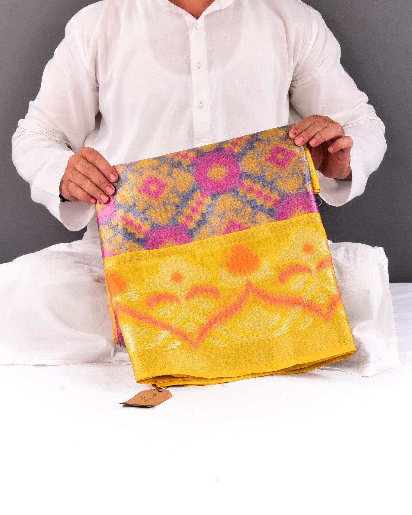 Metallic Blue Banarasi Patola Weave Cutwork Brocade Woven Poly Tissue Saree with Contrast Yellow Border Pallu - By HolyWeaves, Benares