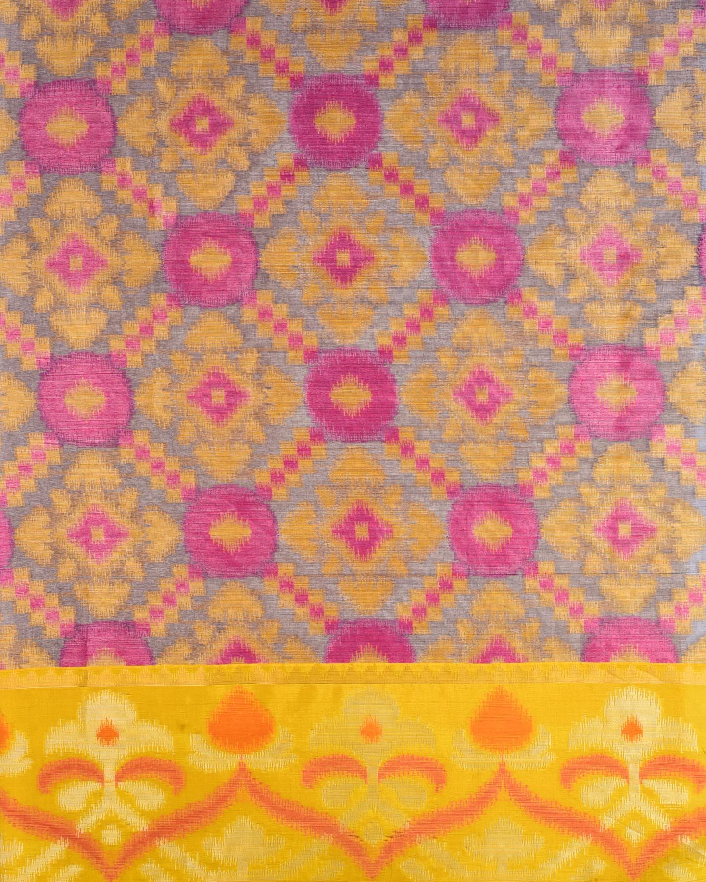 Metallic Blue Banarasi Patola Weave Cutwork Brocade Woven Poly Tissue Saree with Contrast Yellow Border Pallu - By HolyWeaves, Benares
