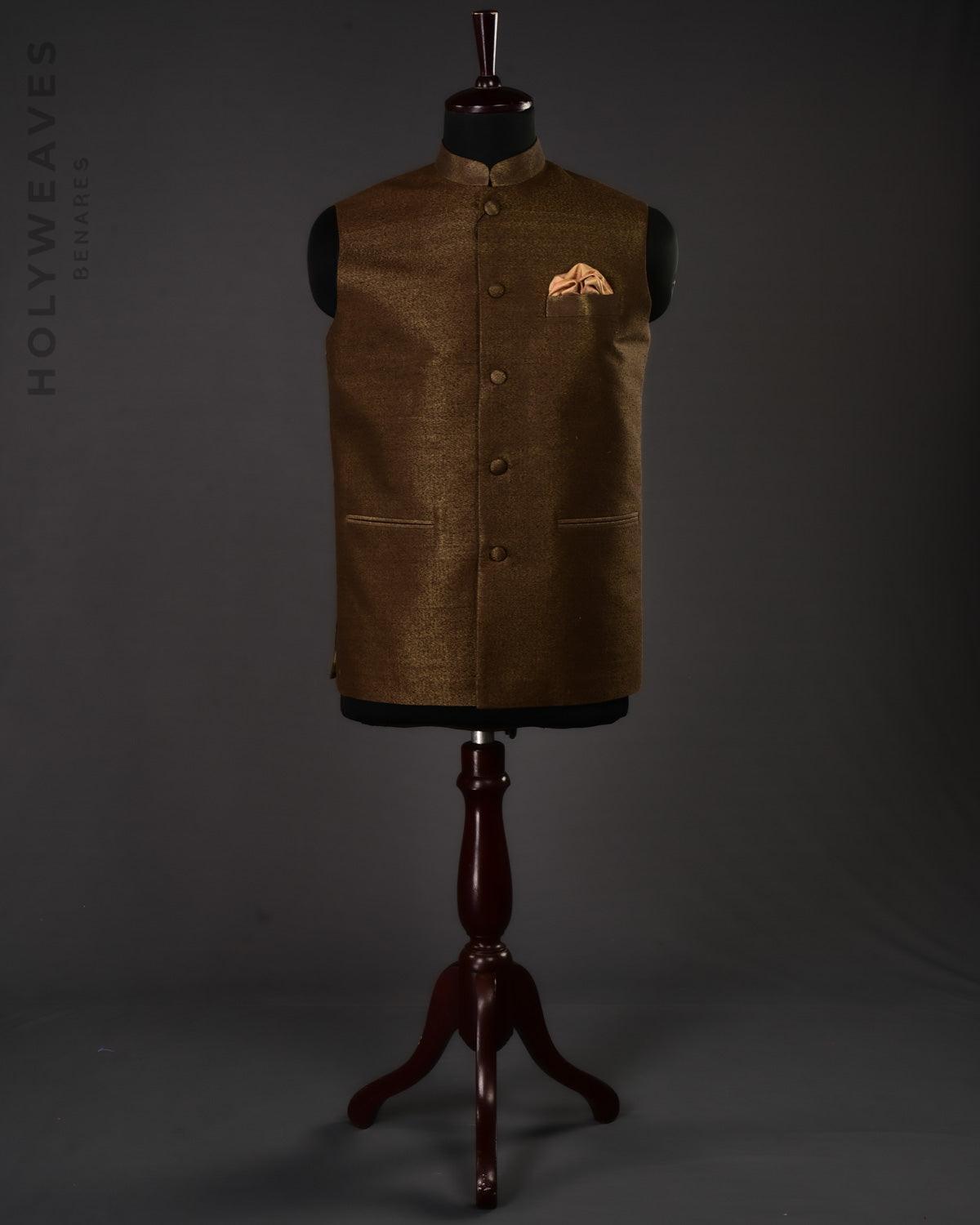 Metallic Brown Banarasi Brocade Handwoven Noile Silk Mens Modi Jacket - By HolyWeaves, Benares
