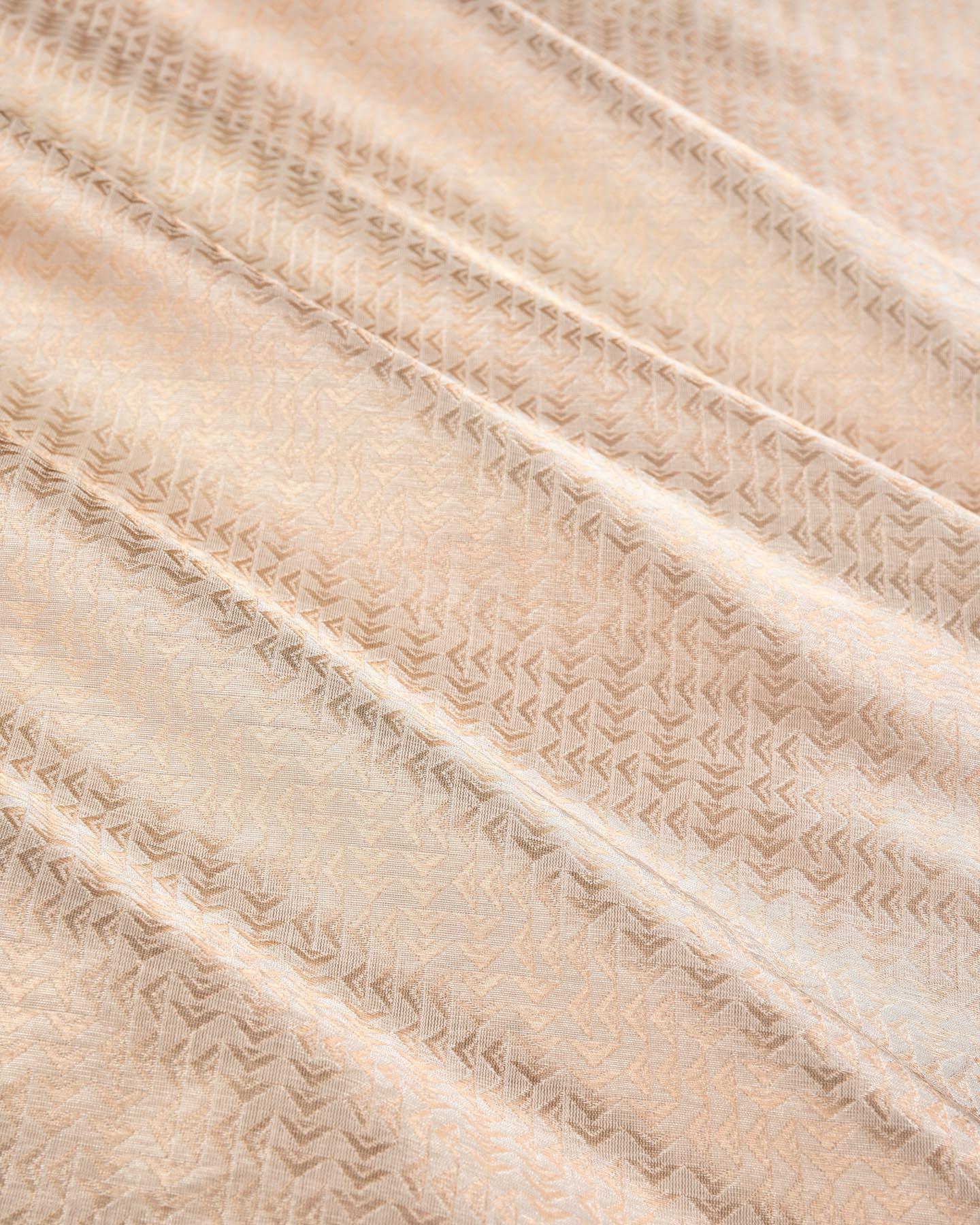 Metallic Cream Banarasi Gold & Silver Zari Labyrinth Triangles Brocade Handwoven Katan Silk Fabric - By HolyWeaves, Benares