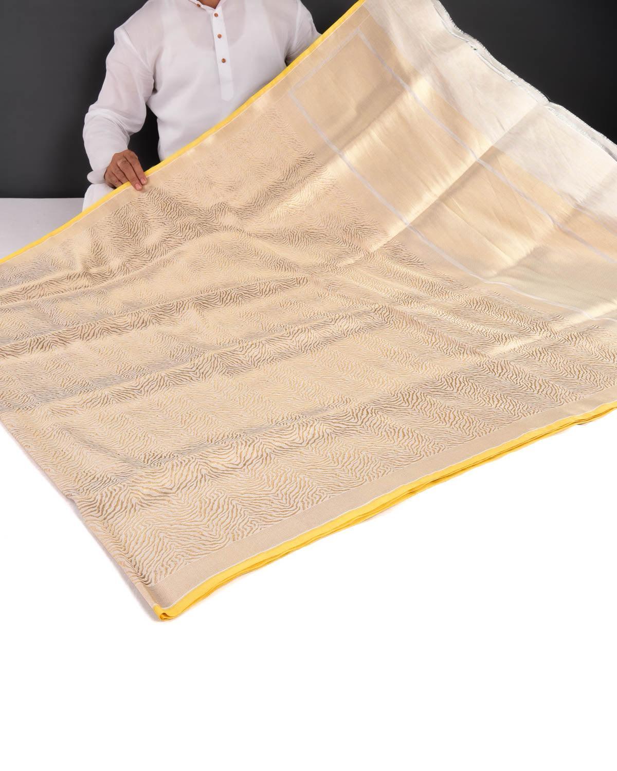 Metallic Cream Banarasi Gold Zari "Tigress" Stripes Brocade Handwoven Katan Tissue Saree - By HolyWeaves, Benares