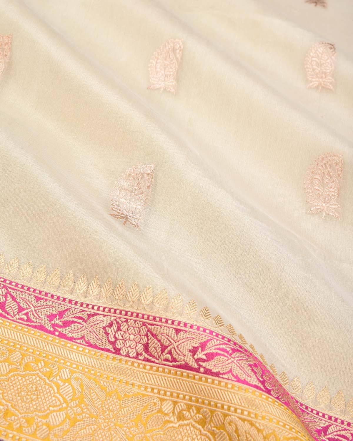Metallic Cream Banarasi Paisley Buti Kadhuan Brocade Handwoven Kora Tissue Saree - By HolyWeaves, Benares