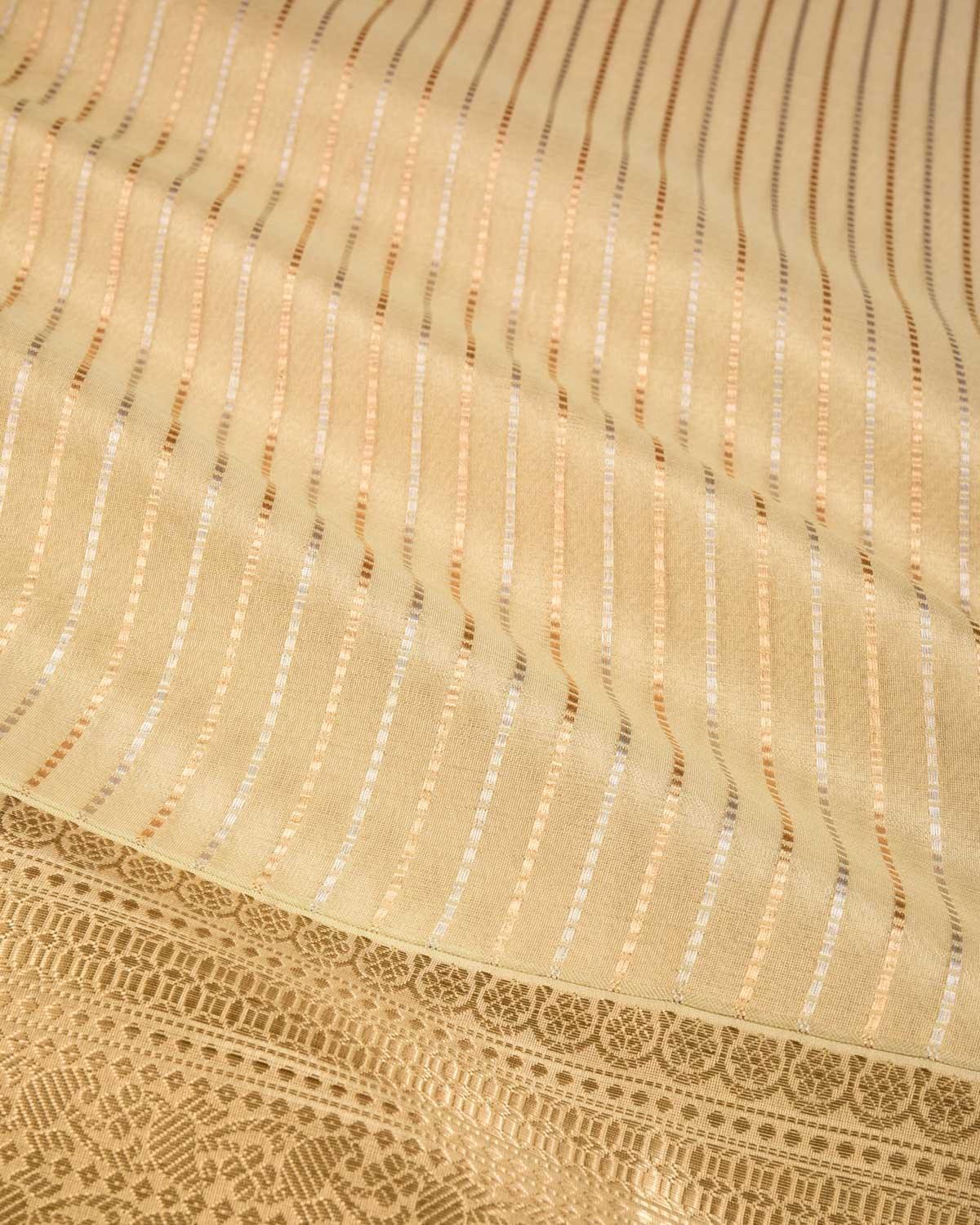Metallic Gold Banarasi Gold & Silver Zari Dotted Stripes Brocade Woven Tissue Saree - By HolyWeaves, Benares