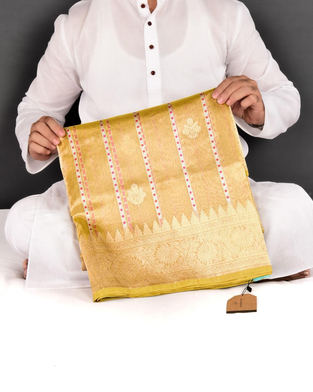 Metallic Gold Banarasi Silver Zari and Red Resham Stripes Kadhuan Brocade Handwoven Katan Silk Saree - By HolyWeaves, Benares