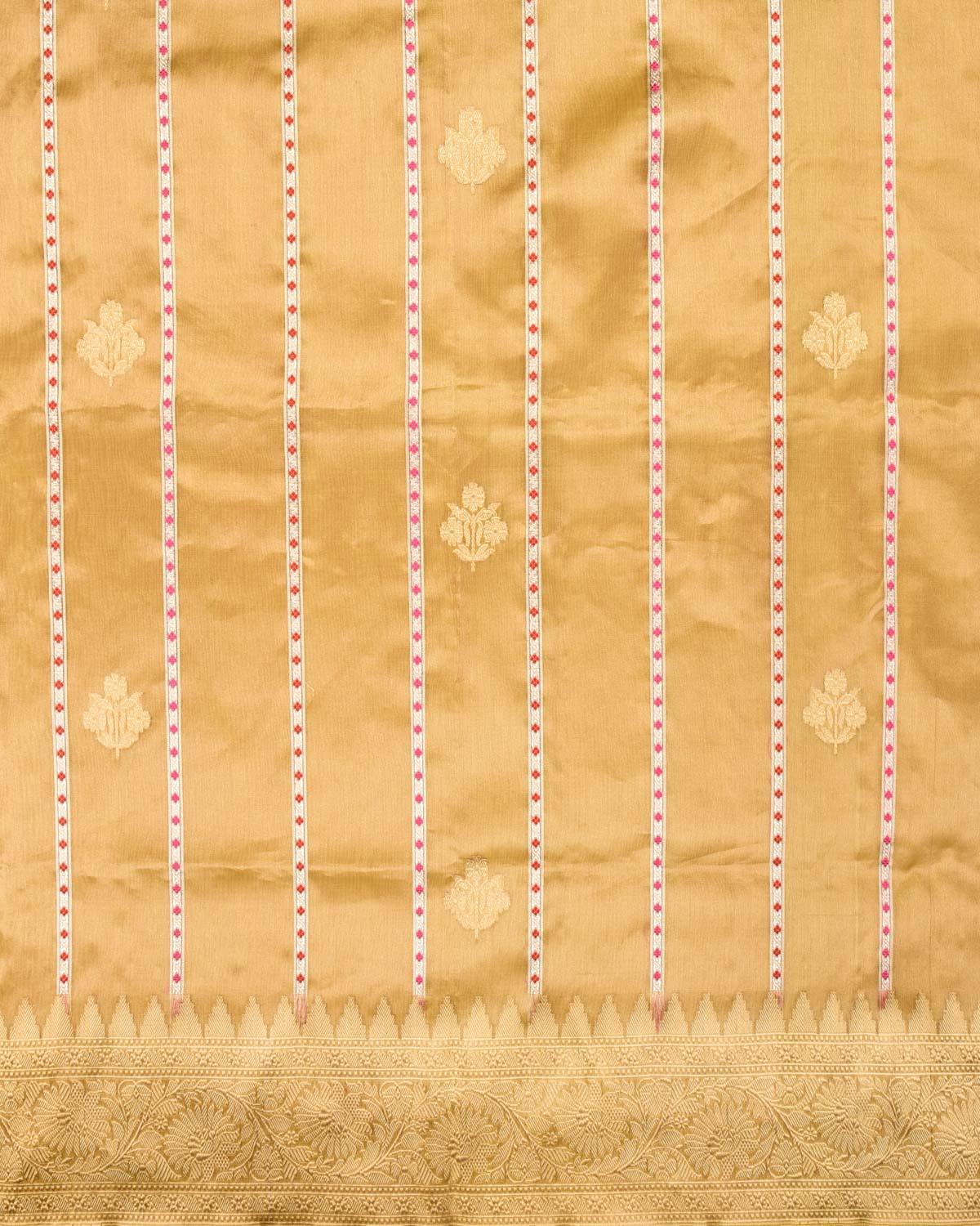 Metallic Gold Banarasi Silver Zari and Red Resham Stripes Kadhuan Brocade Handwoven Katan Silk Saree - By HolyWeaves, Benares