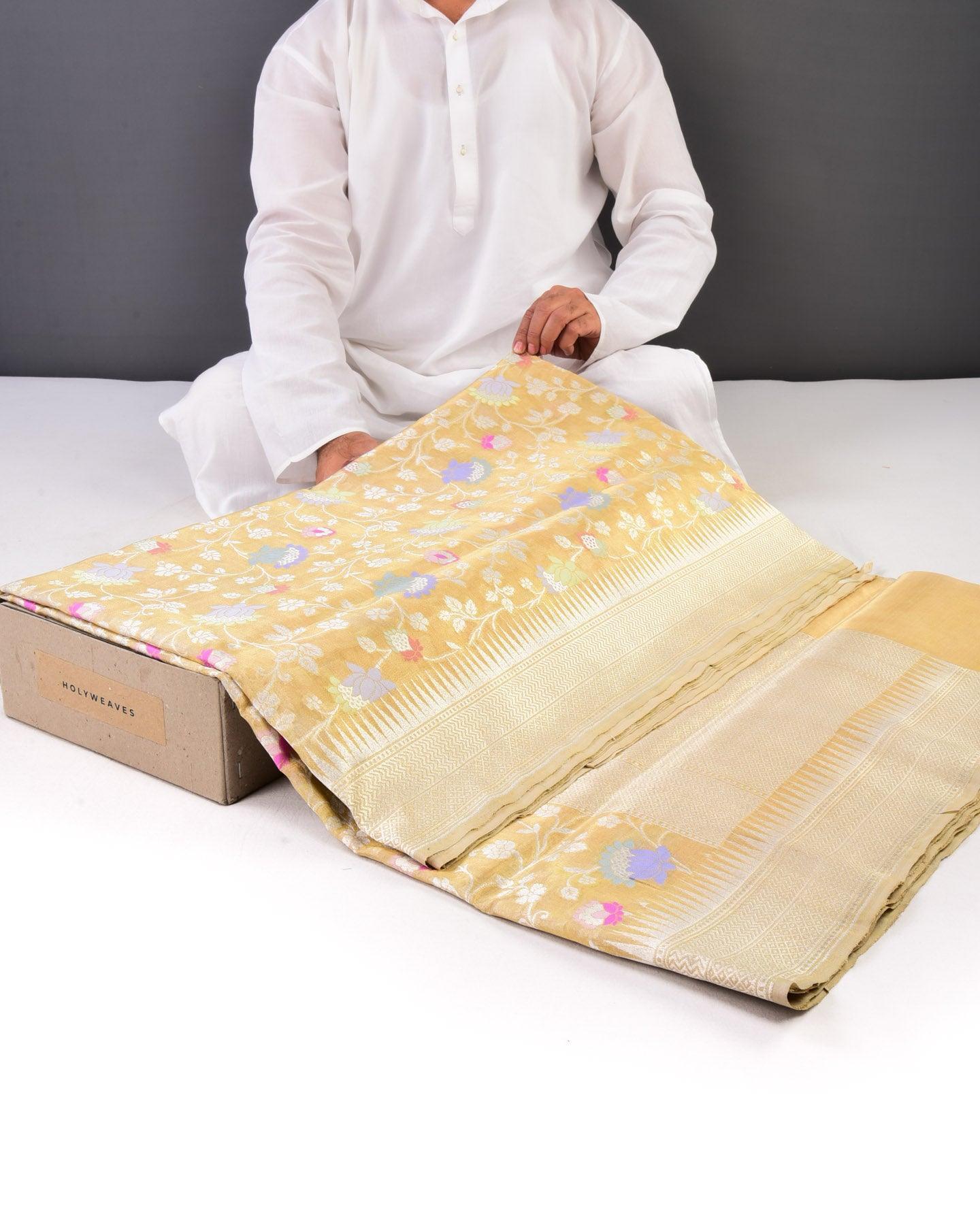 Metallic Gold Banarasi Zari and Resham Kamal Jaal Cutwork Brocade Handwoven Kora Tissue Saree - By HolyWeaves, Benares