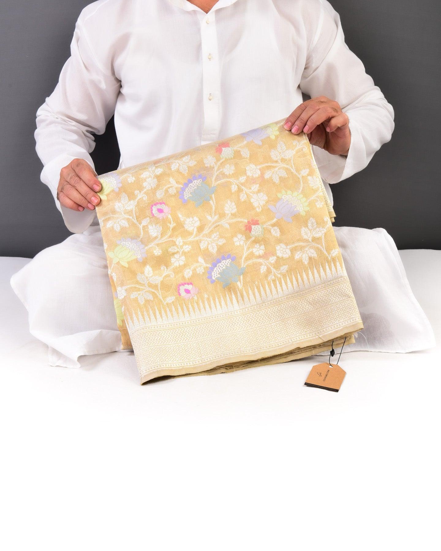 Metallic Gold Banarasi Zari and Resham Kamal Jaal Cutwork Brocade Handwoven Kora Tissue Saree - By HolyWeaves, Benares