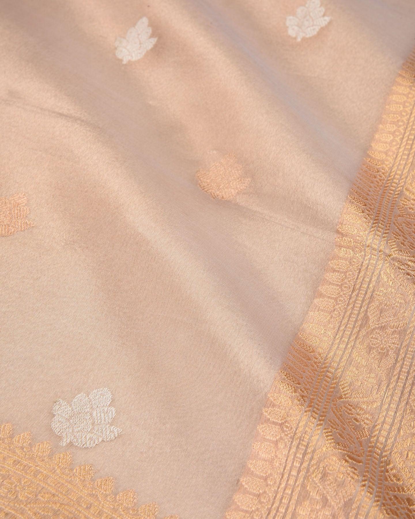 Metallic Golden Gray Banarasi Buti Kadhuan Brocade Handwoven Kora Tissue Saree - By HolyWeaves, Benares