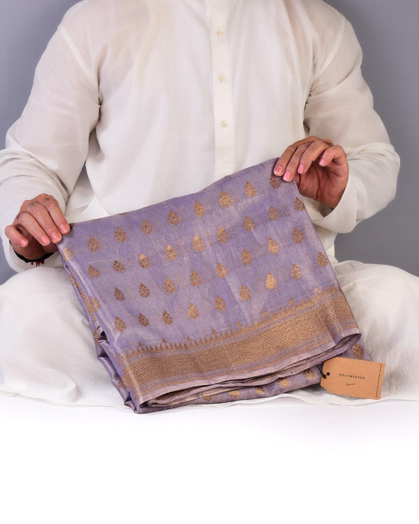 Metallic Gray Banarasi Antique Buti Cutwork Brocade Handwoven Muga Tissue Saree - By HolyWeaves, Benares