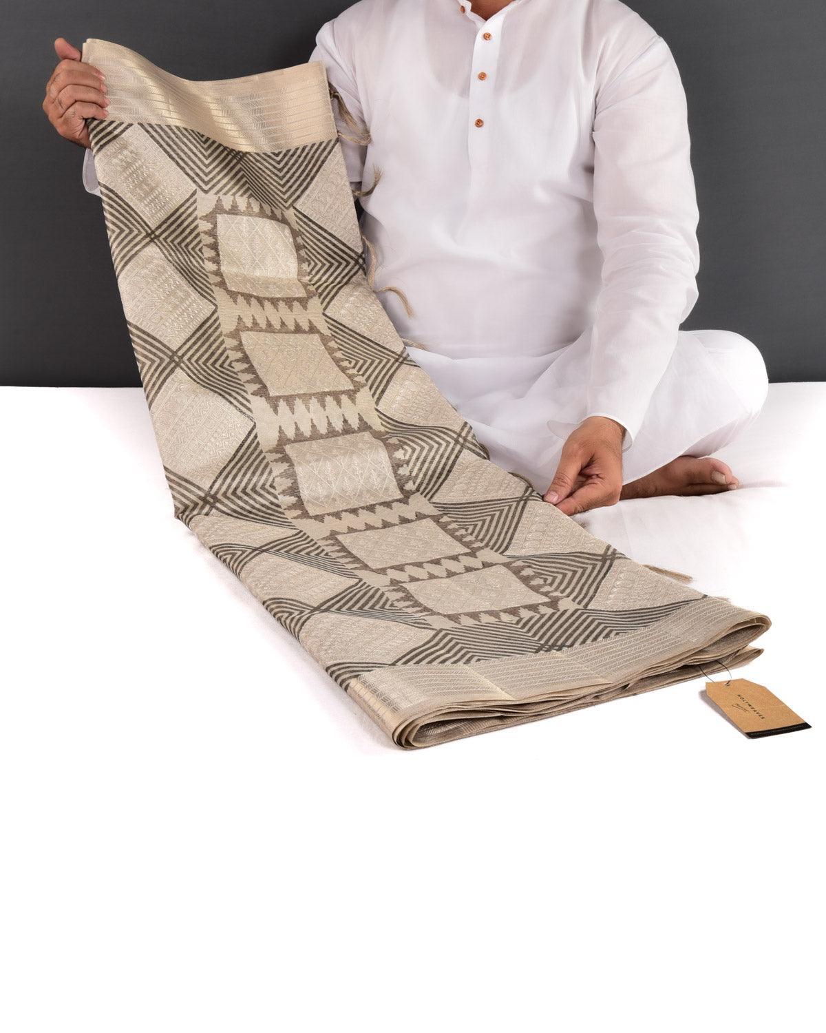 Metallic Gray Banarasi Chequered Printed & Embroidered Woven Tissue Saree - By HolyWeaves, Benares