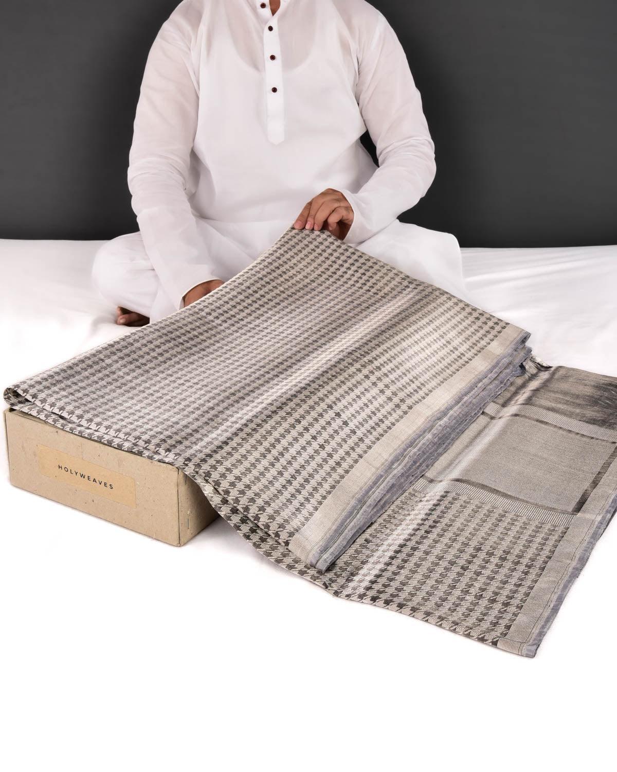 Metallic Gray Banarasi Silver Zari Houndstooth Brocade Handwoven Katan Tissue Saree - By HolyWeaves, Benares