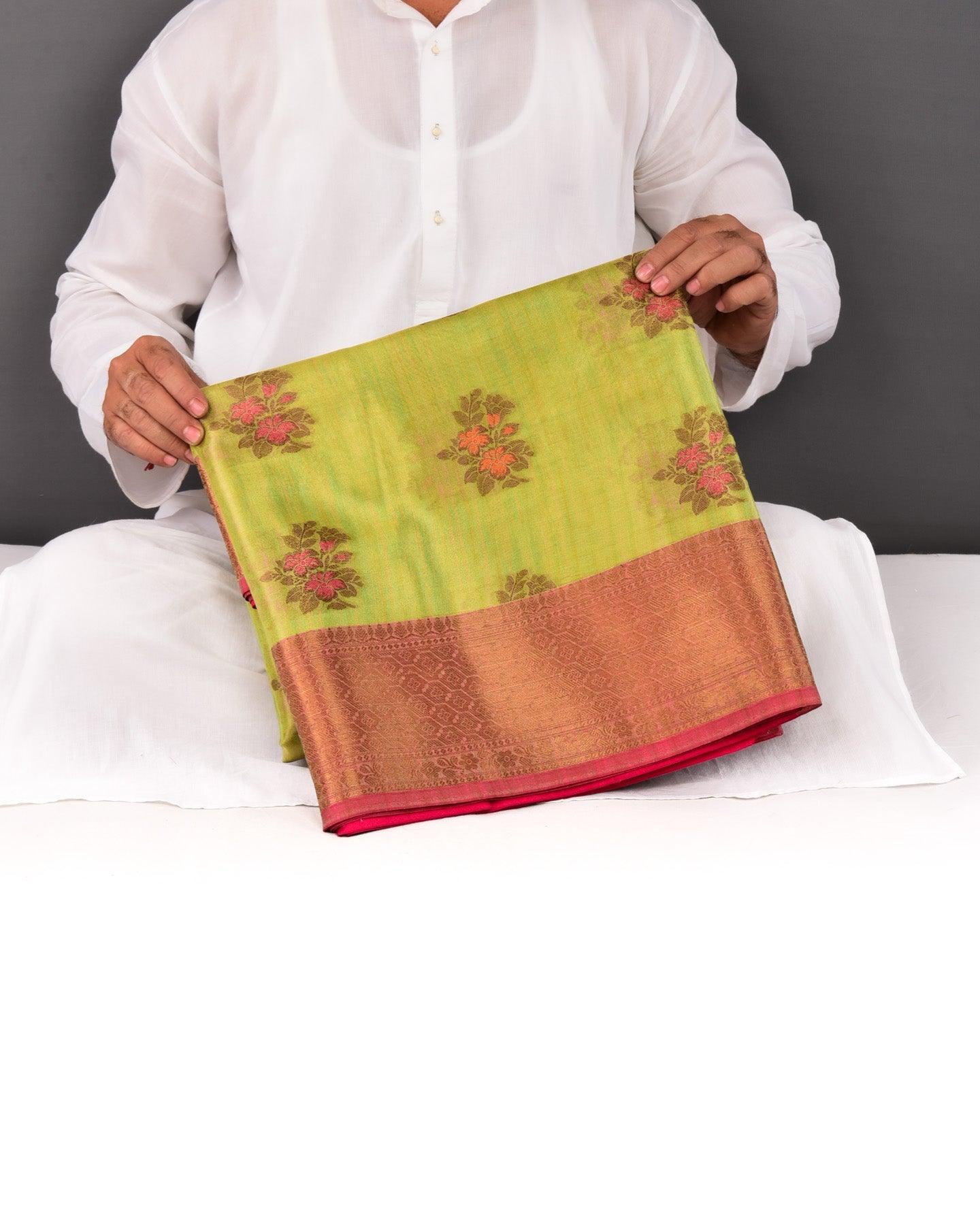 Metallic Green Banarasi Antique Zari & Resham Meena Buta Cutwork Brocade Woven Cotton Tissue Saree - By HolyWeaves, Benares