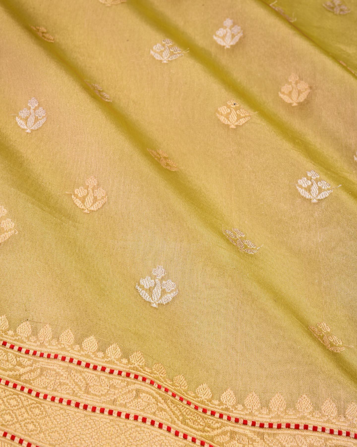 Metallic Green Banarasi Buti Ektara Kadhuan Brocade Handwoven Kora Tissue Saree - By HolyWeaves, Benares