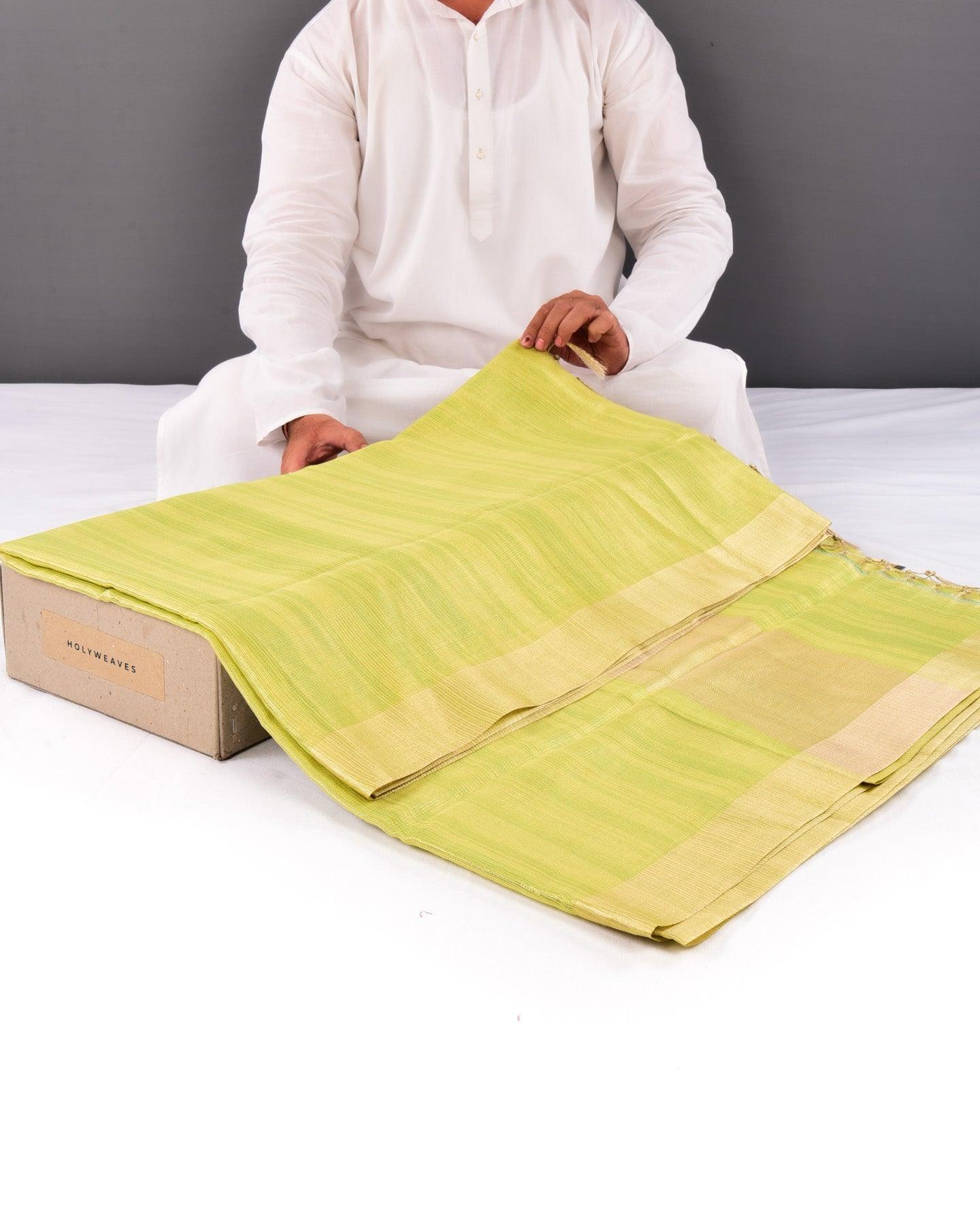 Metallic Green Banarasi Contemporary Brocade Woven Blended Cotton Tissue Saree with Zari Border - By HolyWeaves, Benares