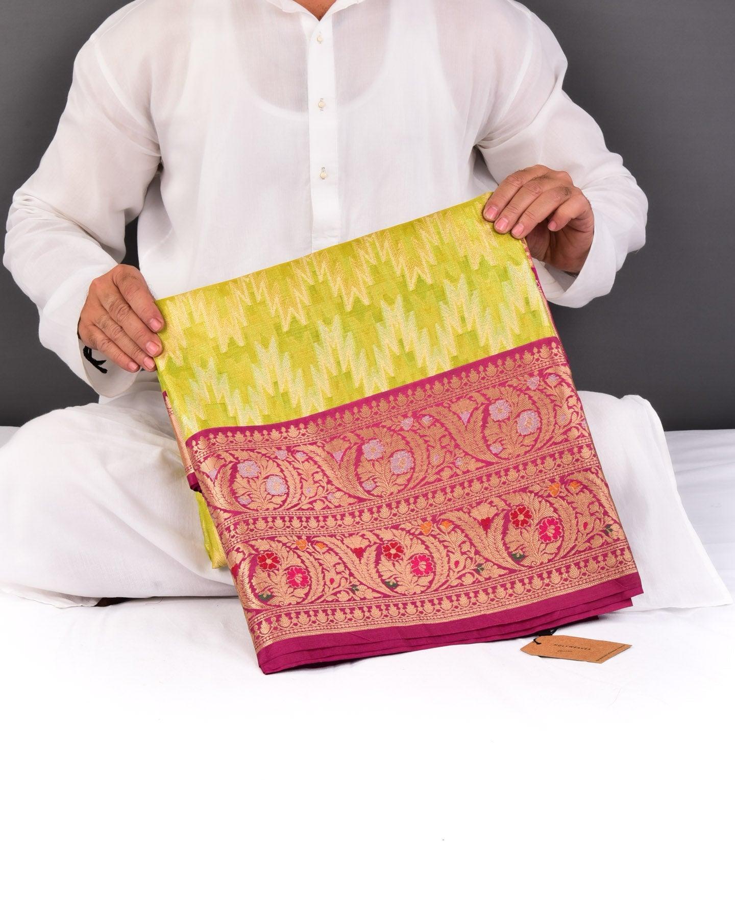 Metallic Green Banarasi Geometric Alfi Sona Rupa Cutwork Brocade Woven Cotton Silk Saree - By HolyWeaves, Benares
