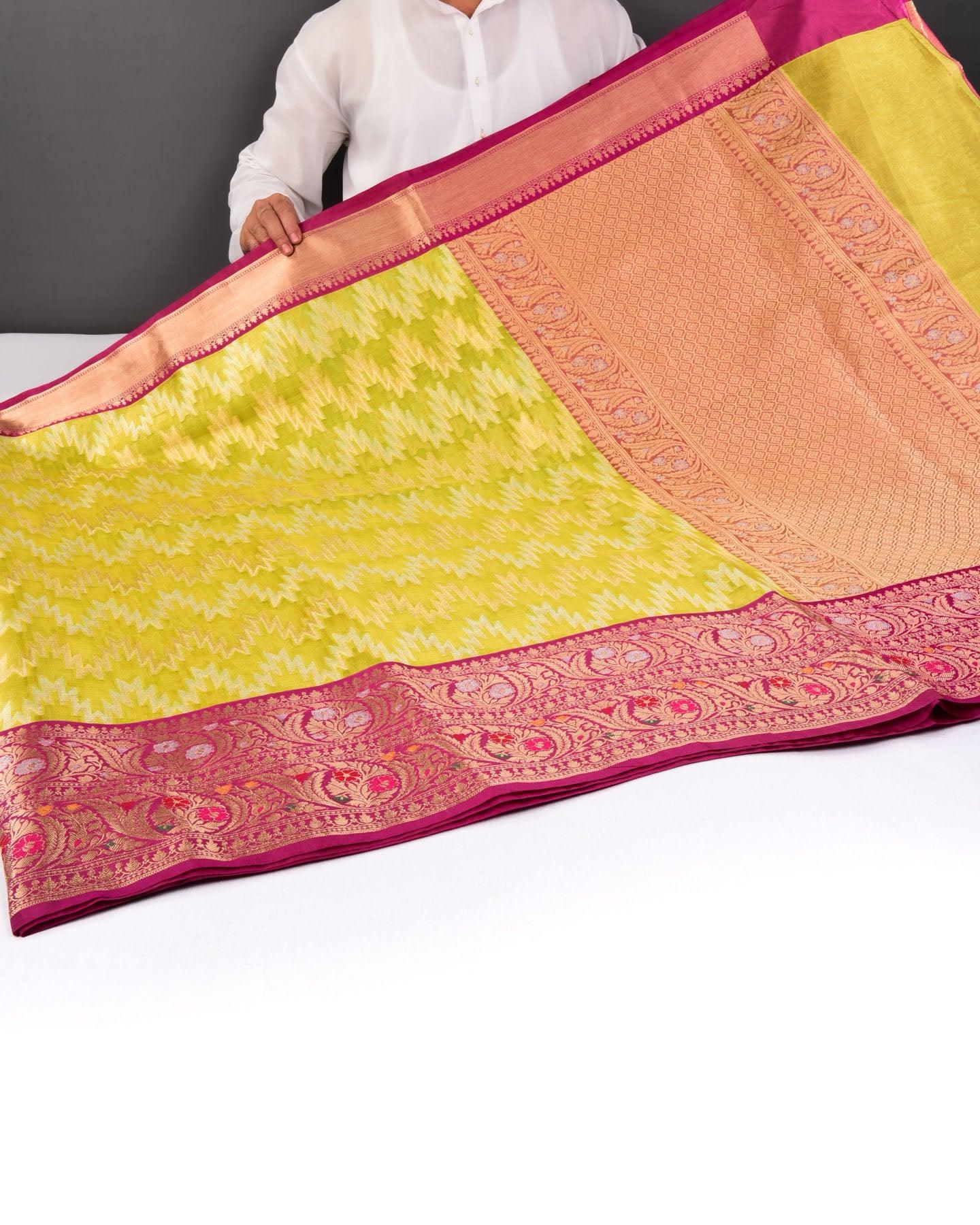 Metallic Green Banarasi Geometric Alfi Sona Rupa Cutwork Brocade Woven Cotton Silk Saree - By HolyWeaves, Benares