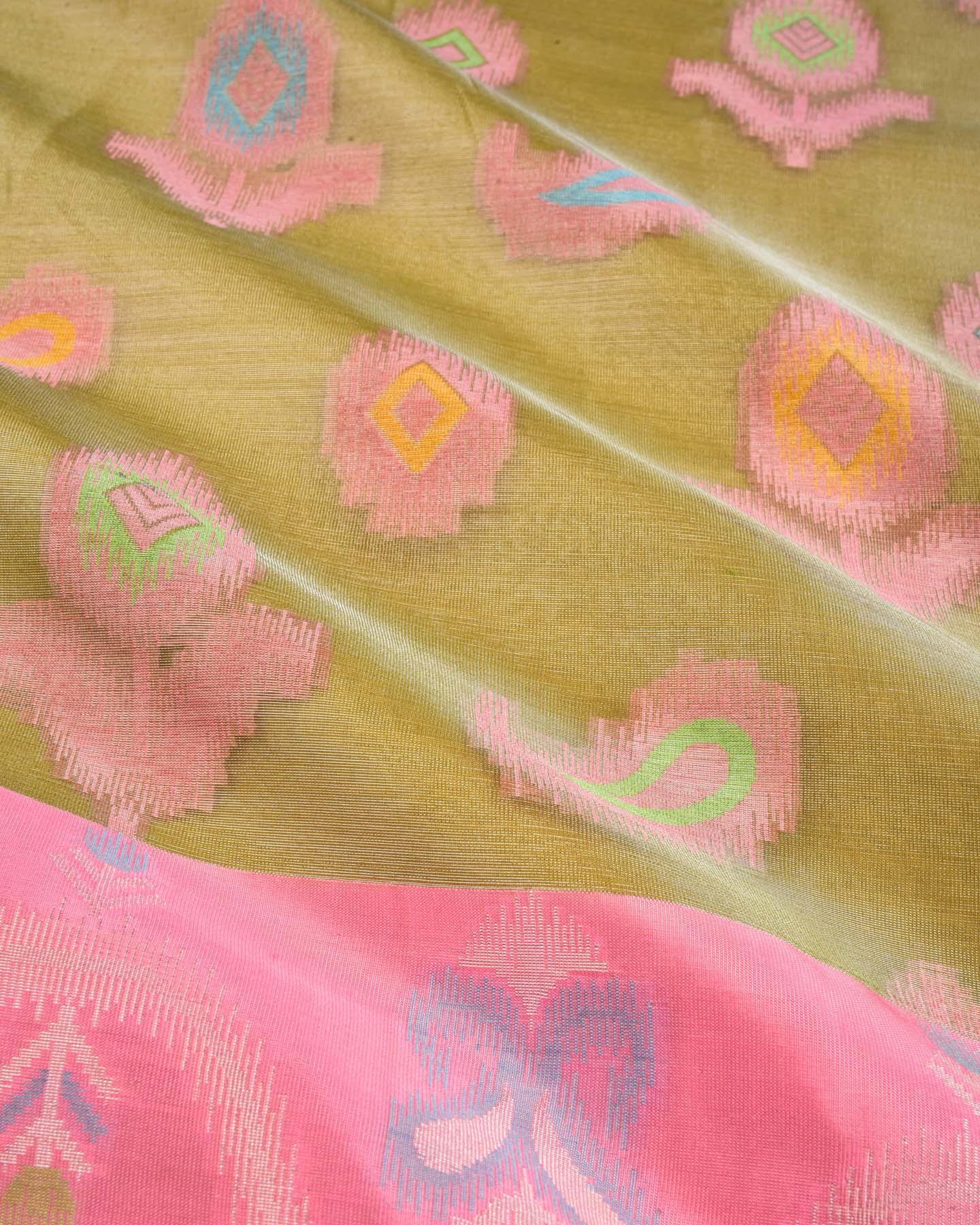 Metallic Green Banarasi Patola Buta Cutwork Brocade Woven Poly Tissue Saree with Contrast Pink Border Pallu - By HolyWeaves, Benares