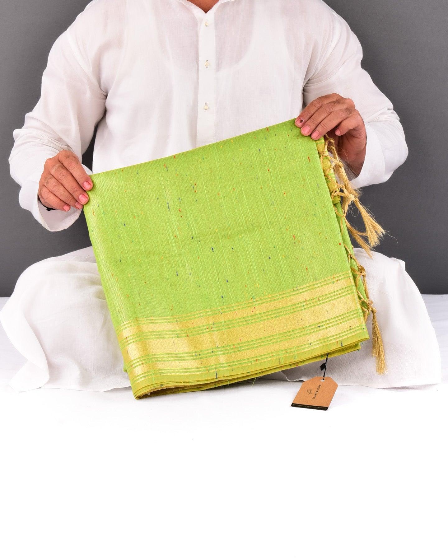 Metallic Green Banarasi Sprinkled Colors Brocade Woven Blended Cotton Tissue Saree - By HolyWeaves, Benares
