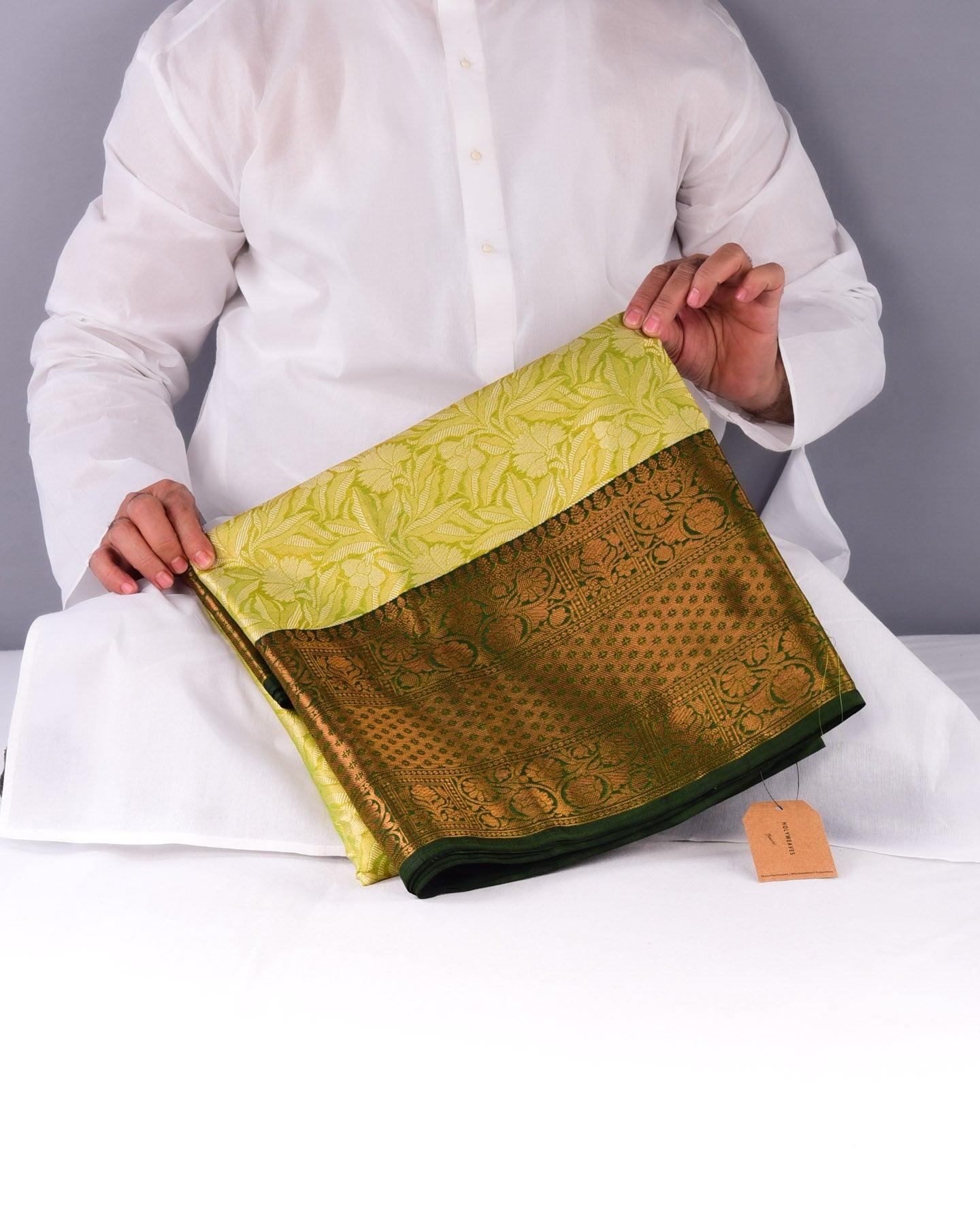 Metallic Green Banarasi Tanchoi Brocade Woven Art Cotton Tissue Saree - By HolyWeaves, Benares