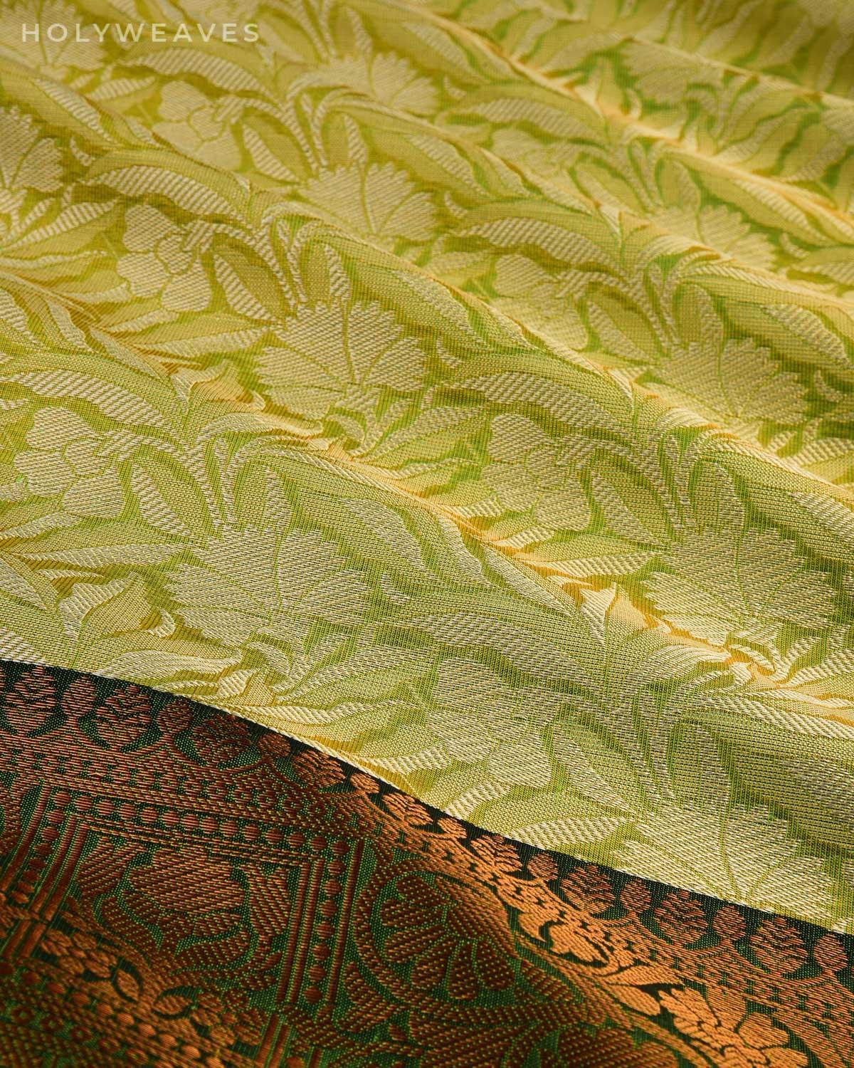 Metallic Green Banarasi Tanchoi Brocade Woven Art Cotton Tissue Saree - By HolyWeaves, Benares