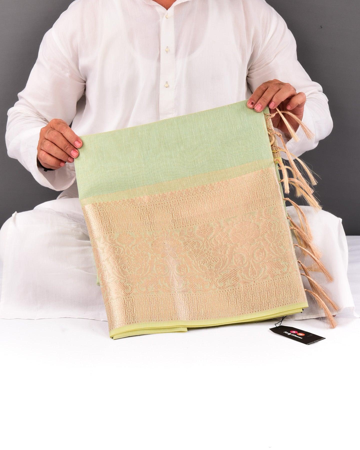 Metallic Green Banarasi Zari Pin Stripes Brocade Woven Art Cotton Tissue Saree with Zari Border - By HolyWeaves, Benares