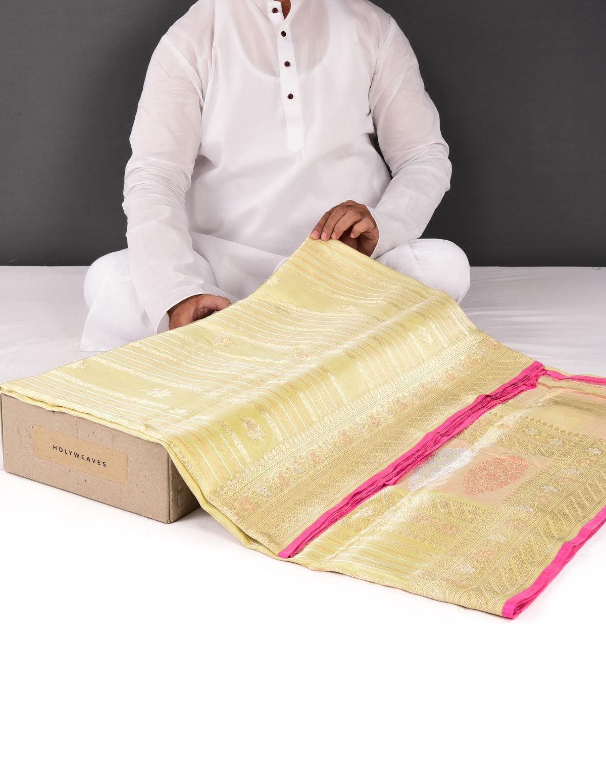 Metallic Lemon Yellow Banarasi Buta Sona Rupa Zari Stripes Kadhuan Bro
