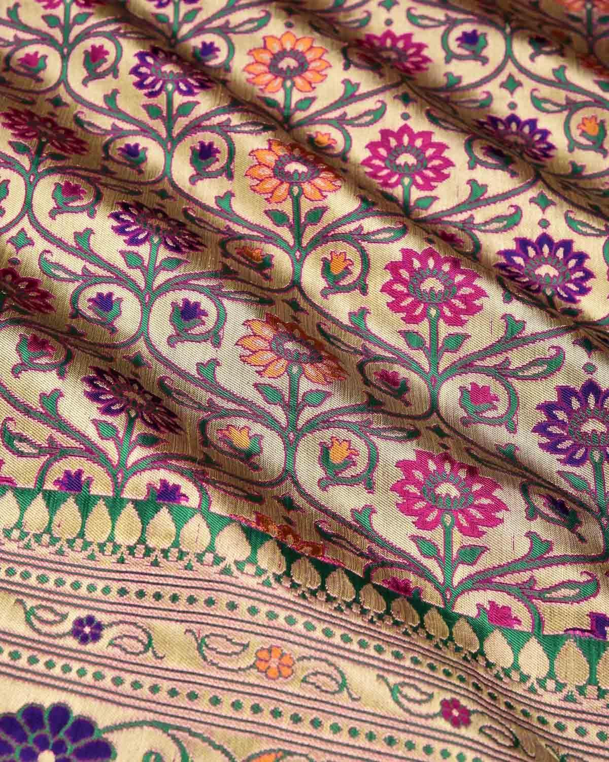 Metallic Magenta Banarasi Floral Jaal Sona Zari Brocade Handwoven Katan Silk Saree - By HolyWeaves, Benares