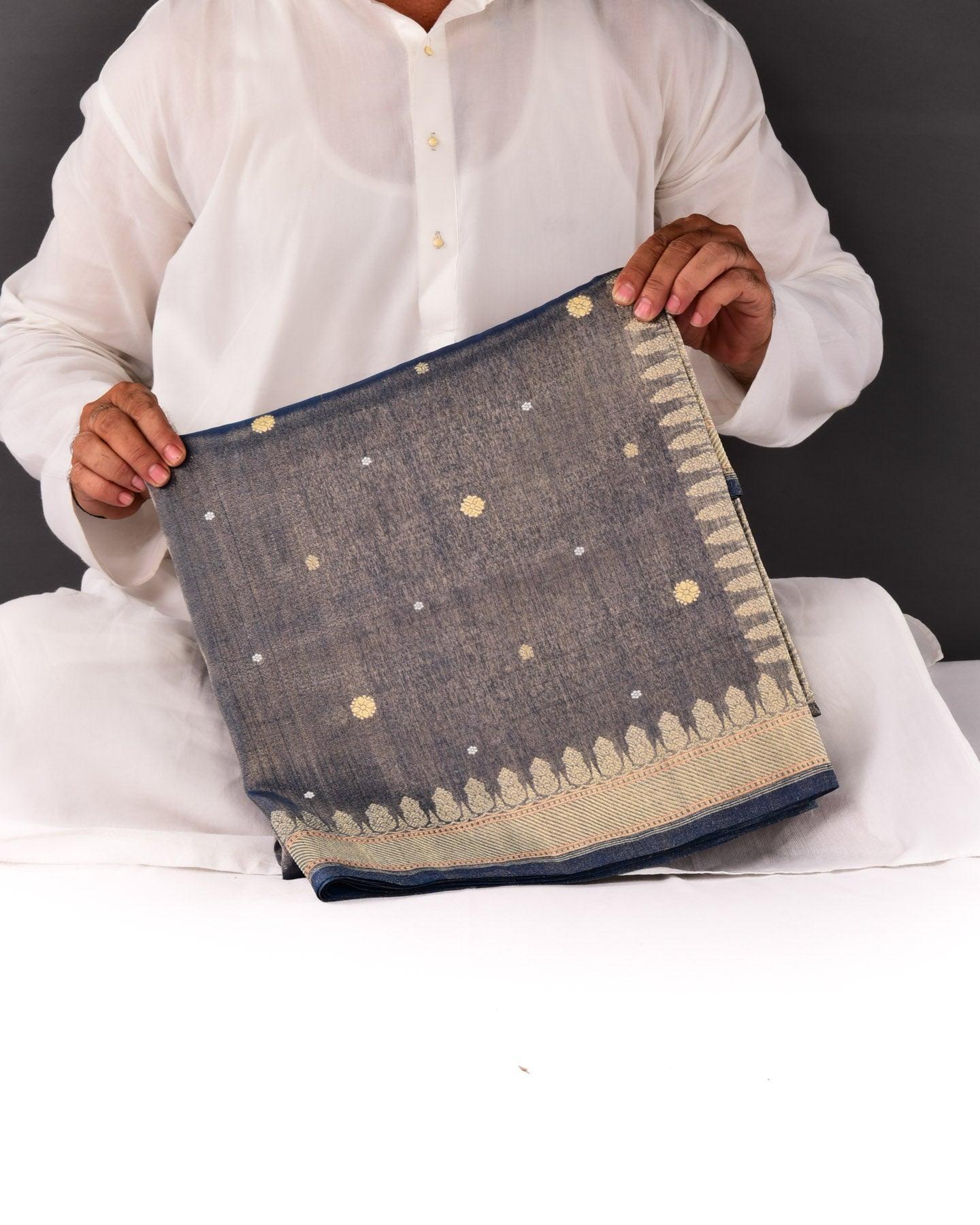 Metallic Navy Blue Banarasi Zari & Resham Buti Zari & Resham Buti Kadhuan Brocade Handwoven Cotton Tissue Saree - By HolyWeaves, Benares