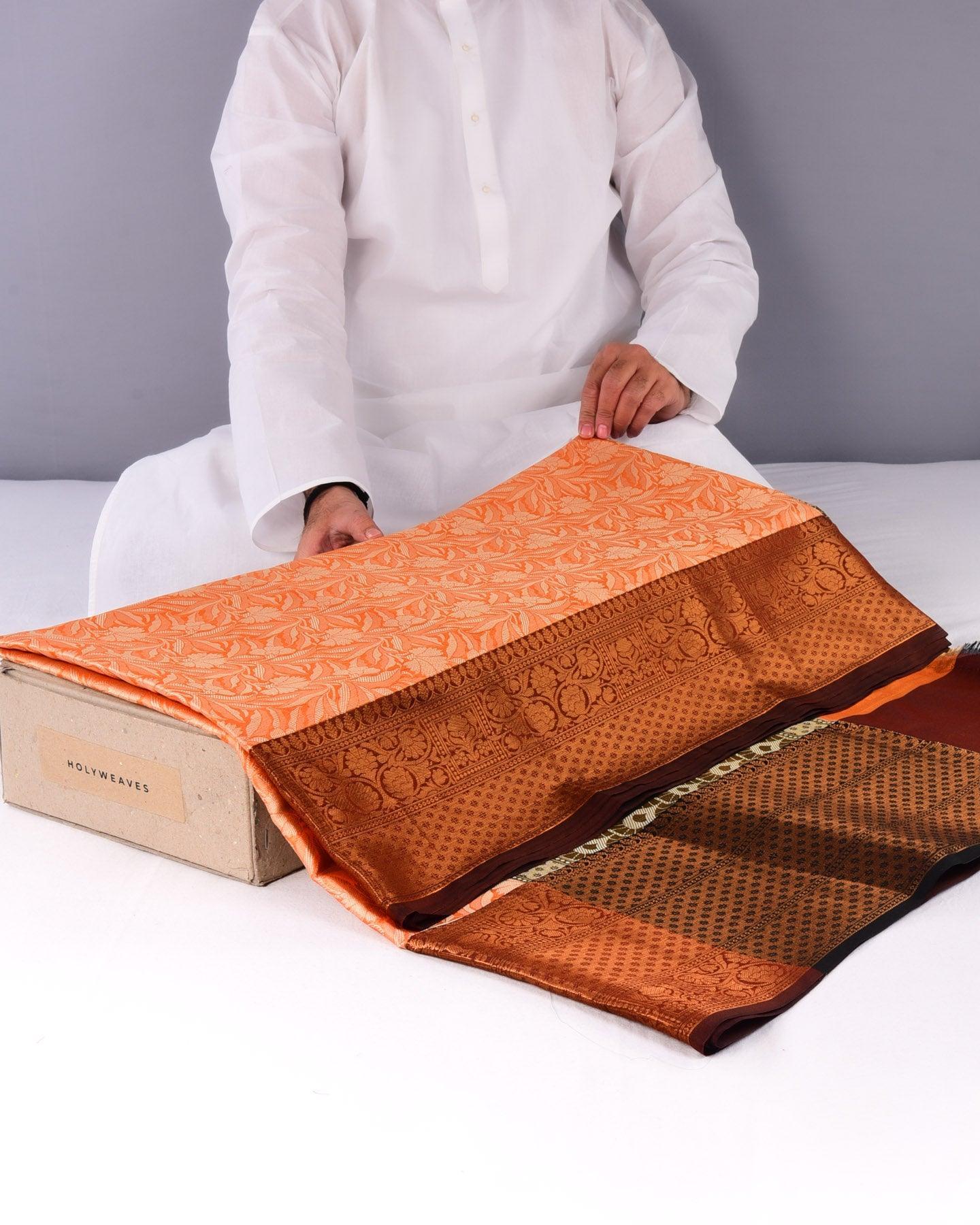 Metallic Orange Banarasi Tanchoi Brocade Woven Art Cotton Tissue Saree - By HolyWeaves, Benares