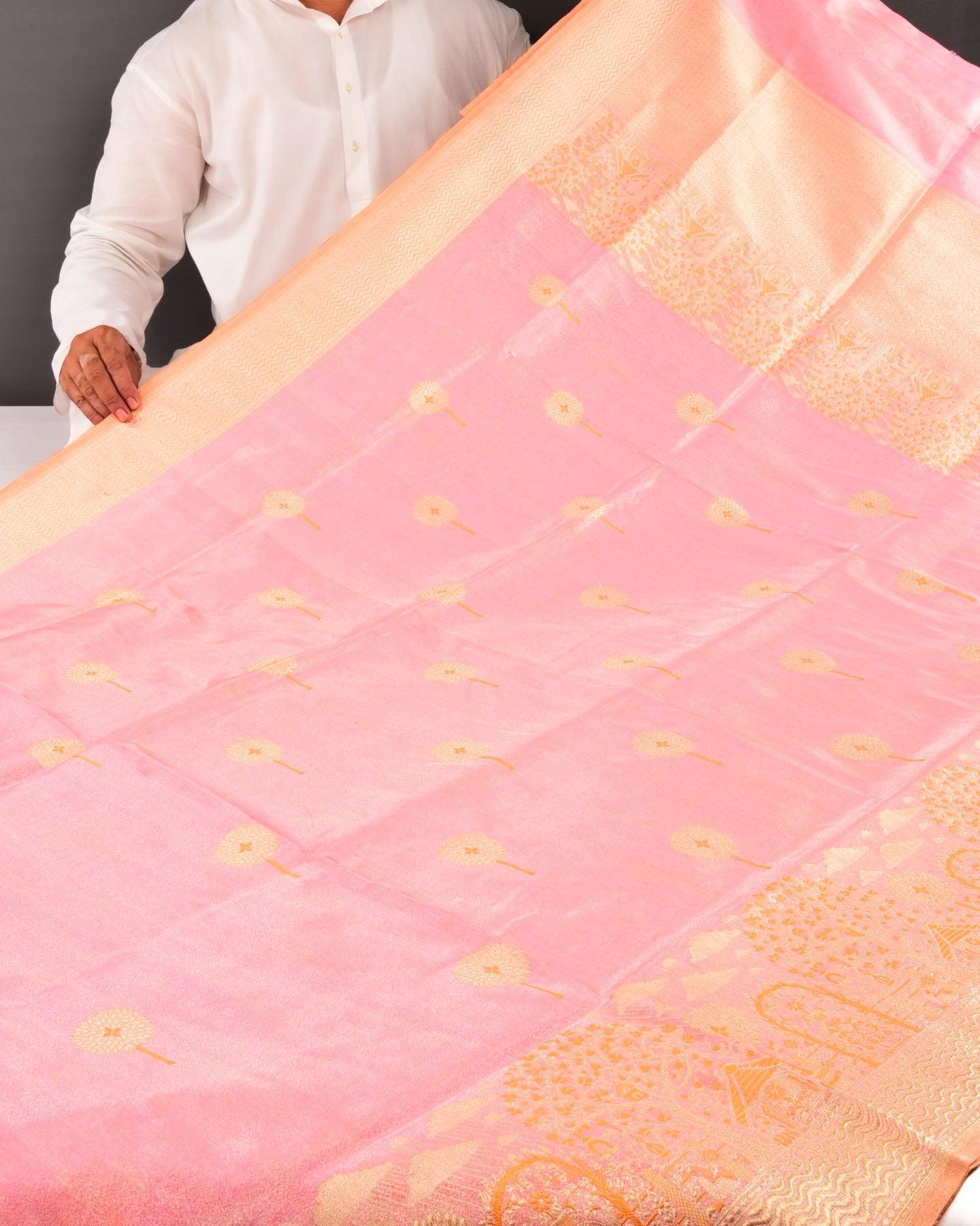 Metallic Peach Banarasi Alfi Meena Buta Kadhuan Brocade Handwoven Katan Tissue Saree - By HolyWeaves, Benares